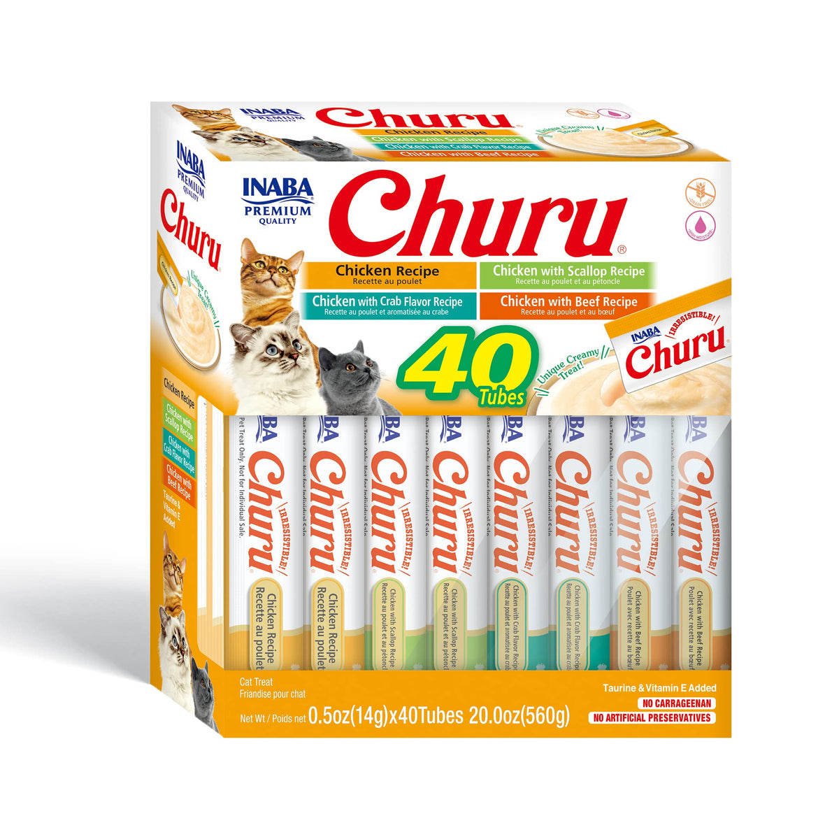 Inaba Churu Cat Treats, Grain-Free, Lickable, Squeezable Creamy Purée Cat Treat/Topper With Vitamin E & Taurine, 0.5 Ounces Each Tube, 40 Tubes, Chicken Variety Box