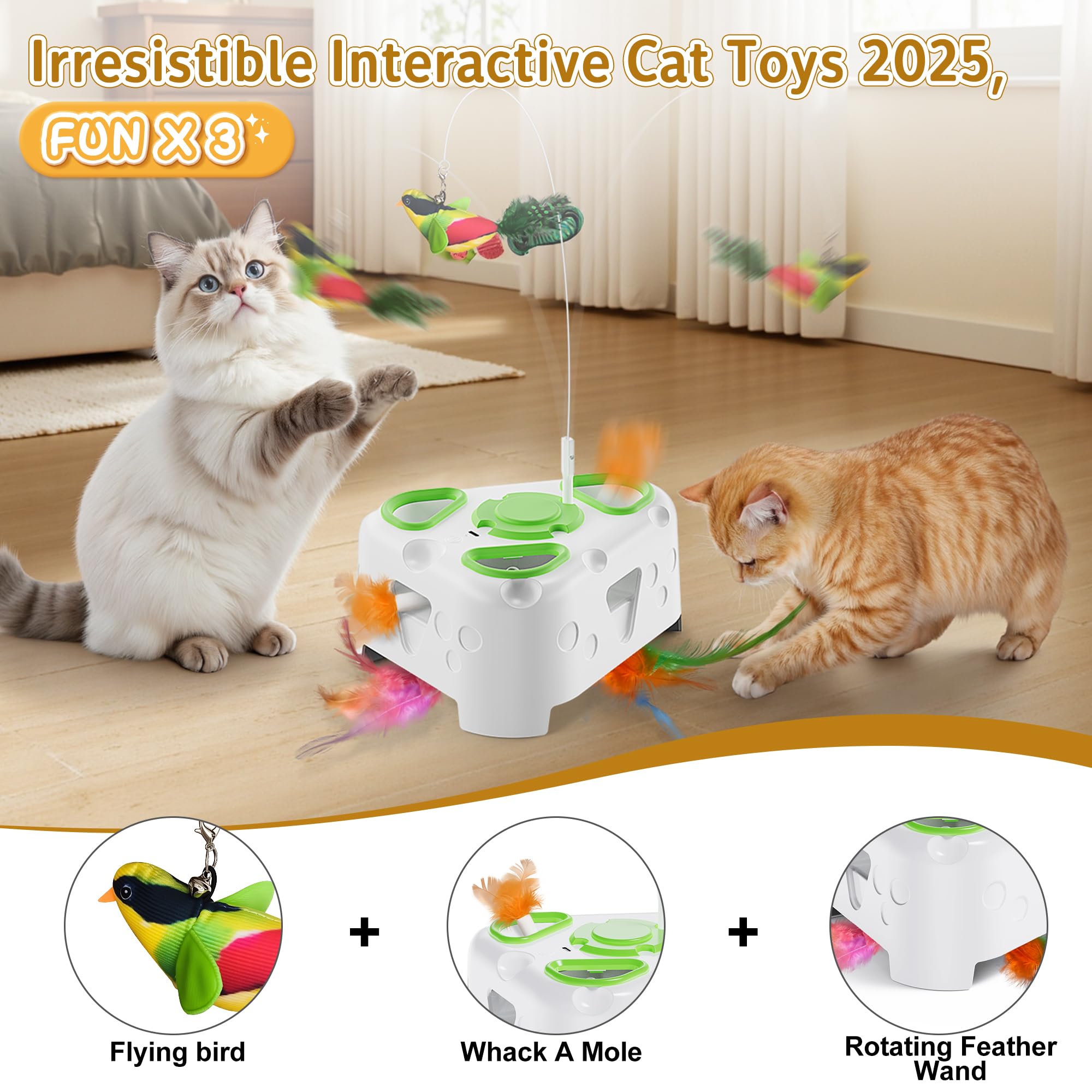 Panrio Interactive Toys For Indoor Cats,3-In-1 Cheese-Shaped Automatic Cat Toy,Flying Bird,6 Holes Whack A Mole,Rotating Feather