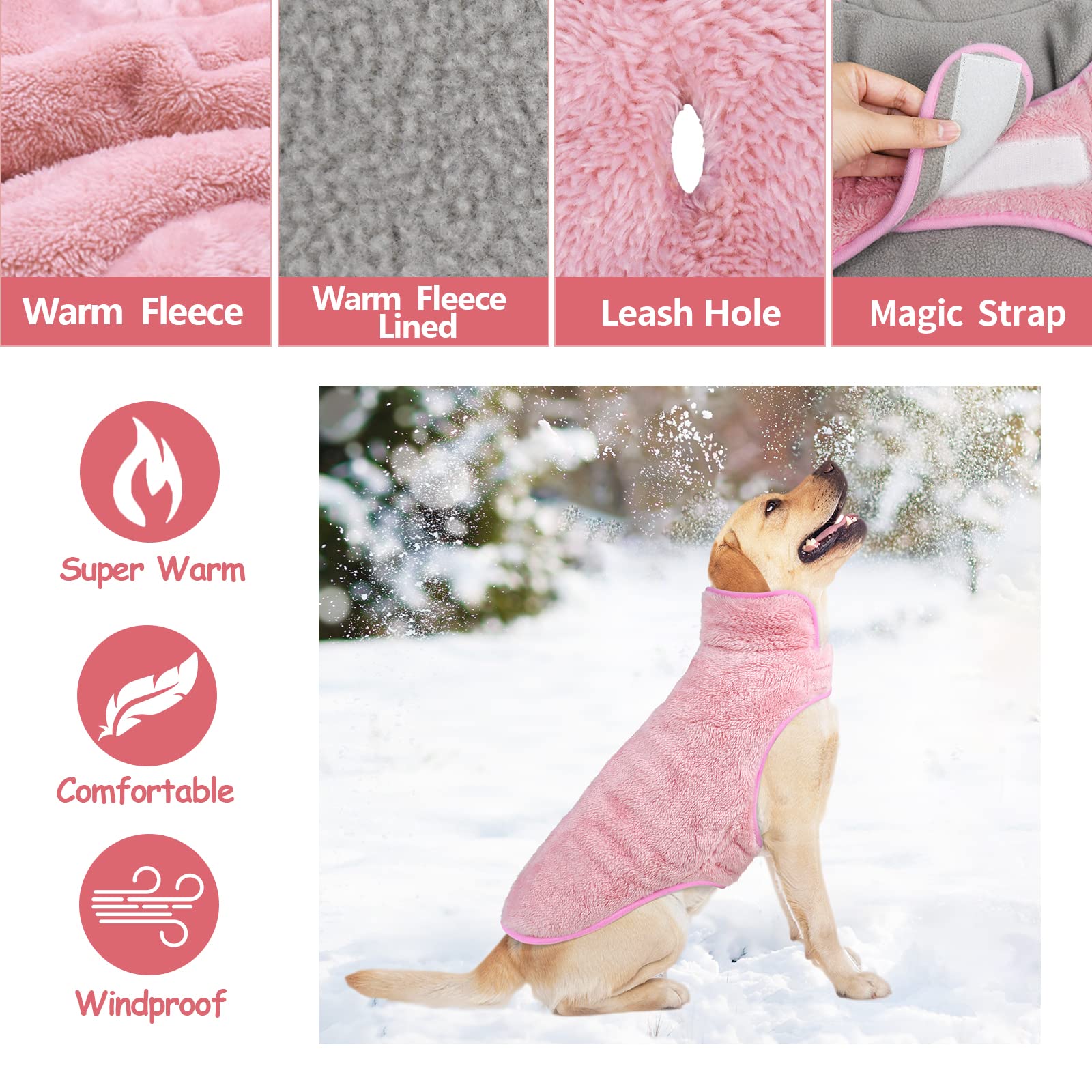 Malier Reversible Fleece Dog Coat, Windproof & Warm, Perfect For Cold Weather & Snow, Available In Pink For Small To Large Dogs