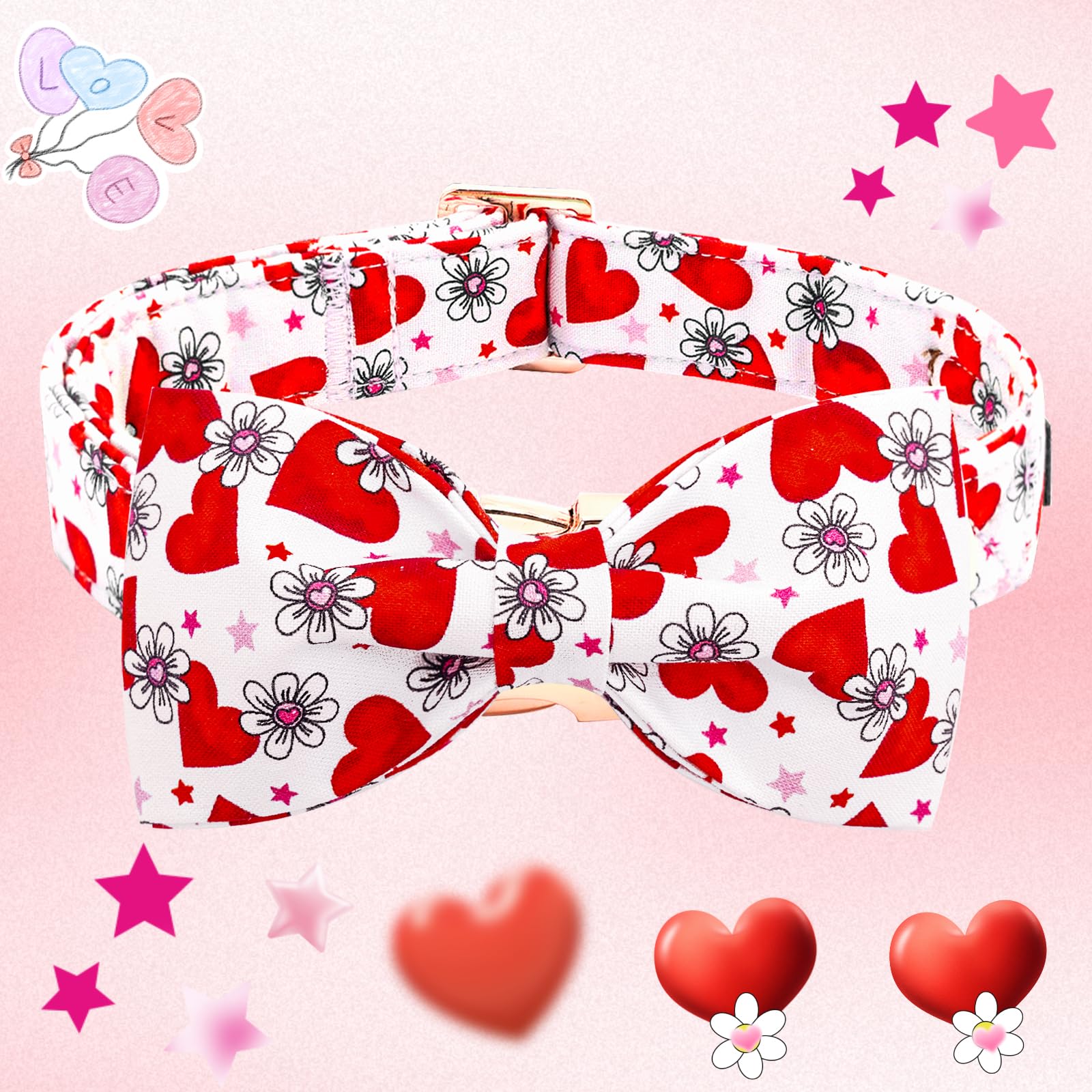 Elegant little tail Valentine's Dog Collar, Cute Pink Heart Dog Collar for Small Dogs, Puppy Collar Female or Male Adjustable Co