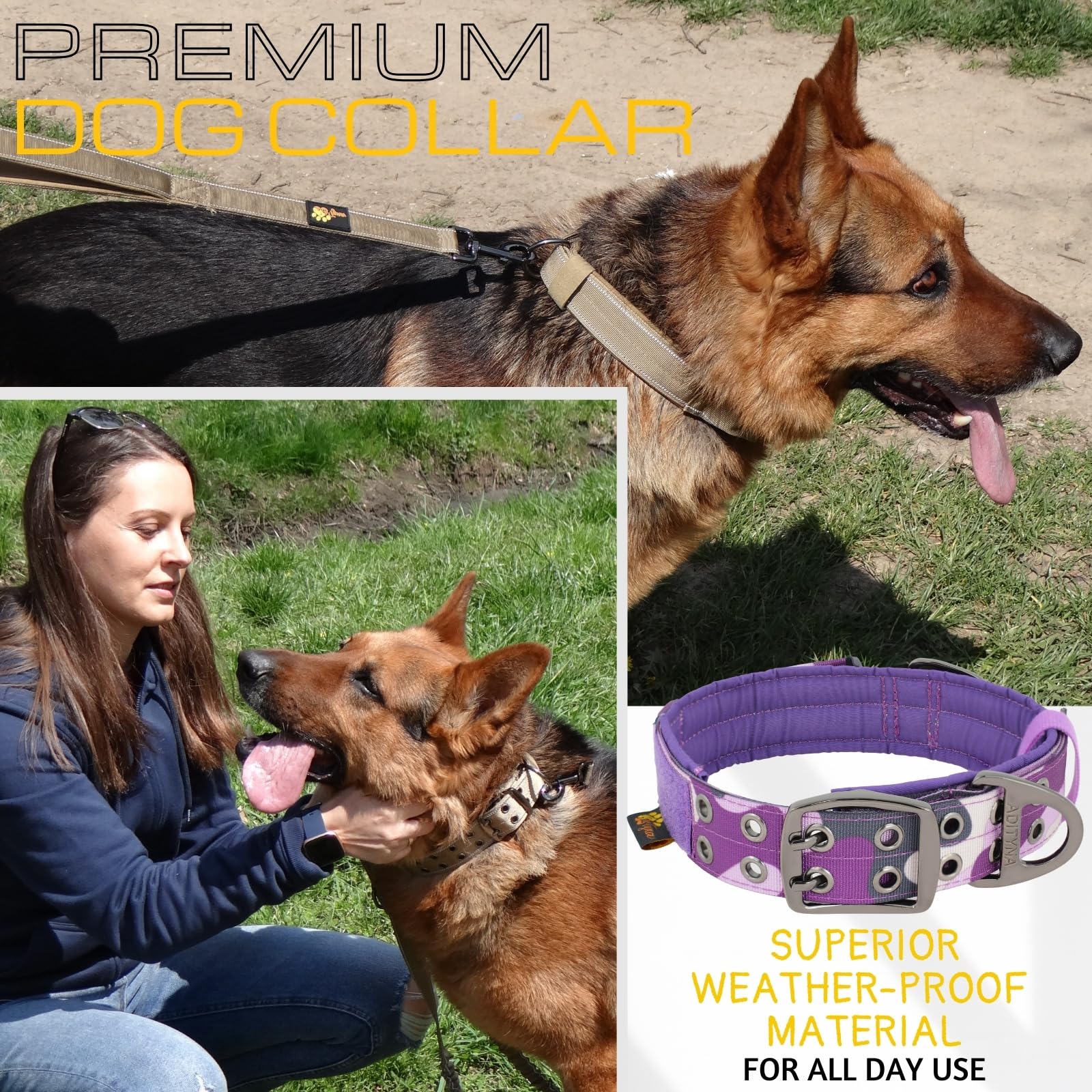 Adityna Heavy Duty Dog Collar For Large Dogs - Camo Purple Collar With Handle For Training, And Walking - Wide, Thick, Tactical,