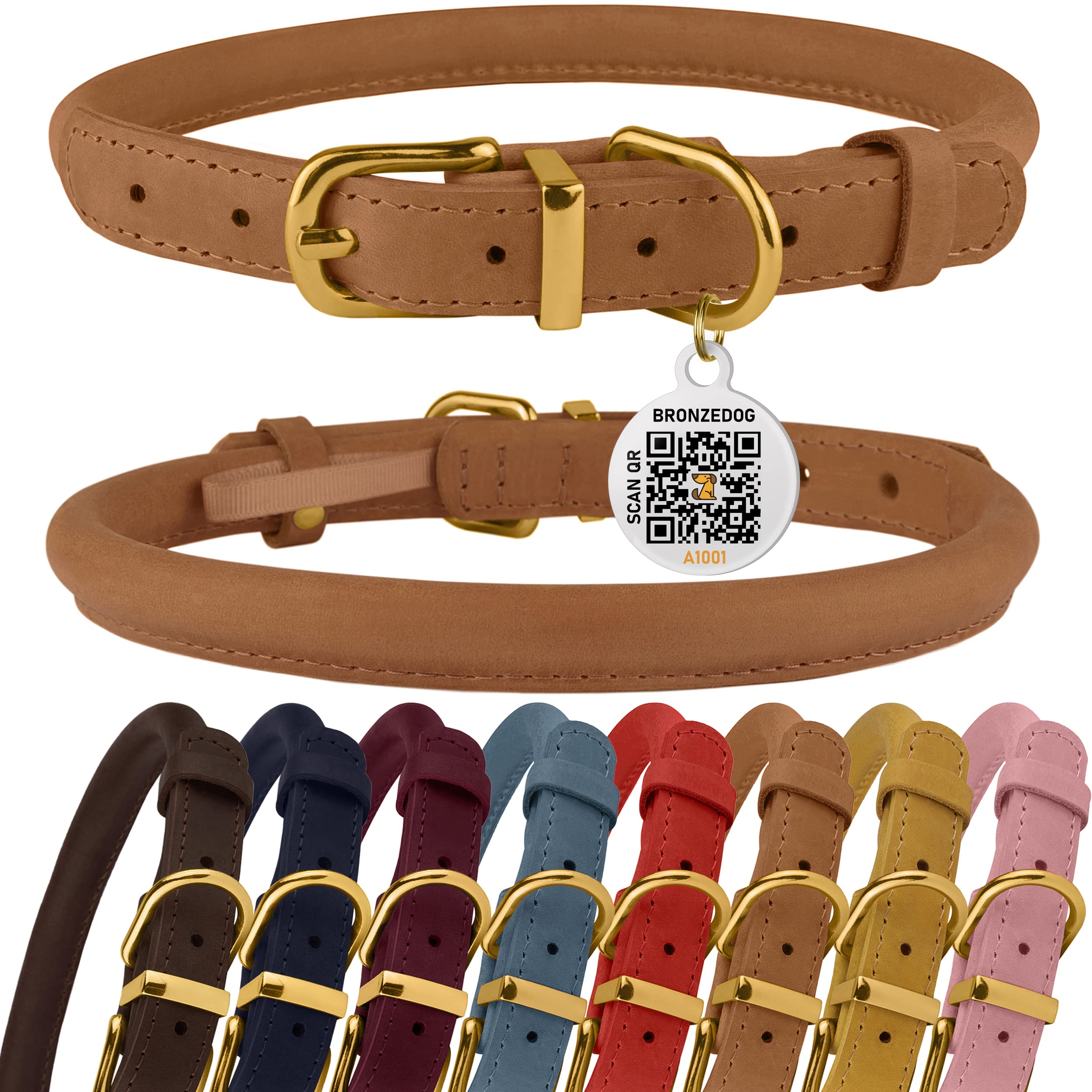 Bronzedog Rolled Leather Dog Collar With Qr Id Tag Adjustable Soft Round Collars For Small Medium Large Dogs Puppy Cat (12' - 14' Neck Size, Light Brown)