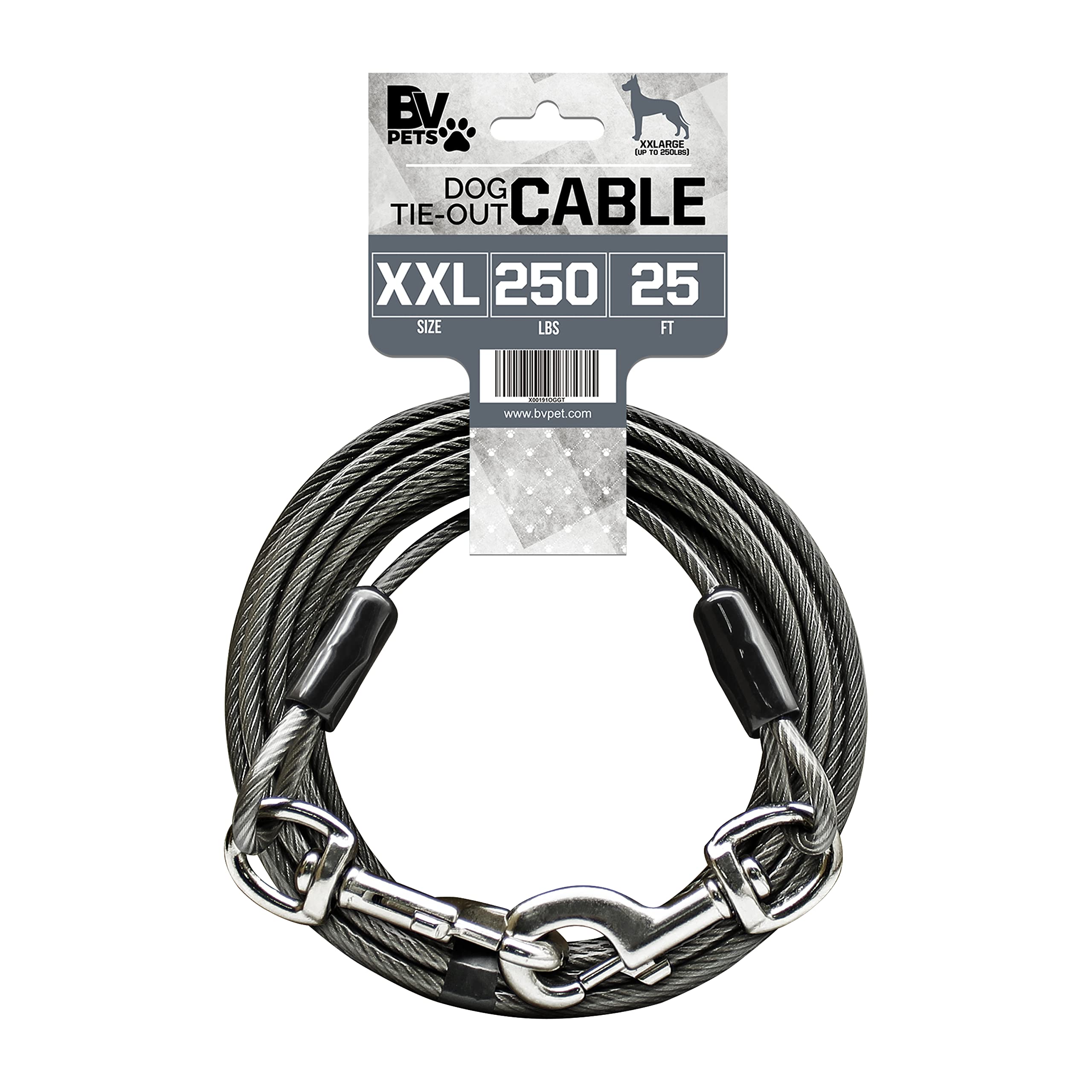 Bv Dog Tie Out Cable 25 Feet - Heavy Duty Dog Lead Up To 250 Pounds - Reflective & Rust-Free With Quick Release Swivel Clips & 3