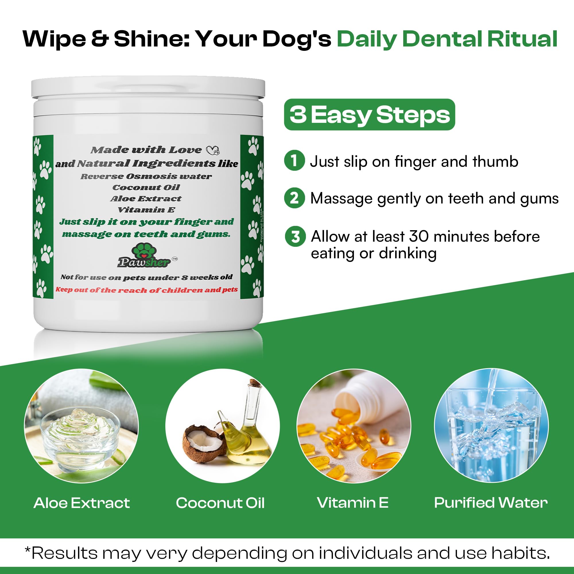 Pawsher Dogs Dental Wipes | Fights Plaque, Freshens Breath & Promotes Gum Health | No Rinse Dog Teeth Cleaning | Gentle & Natura