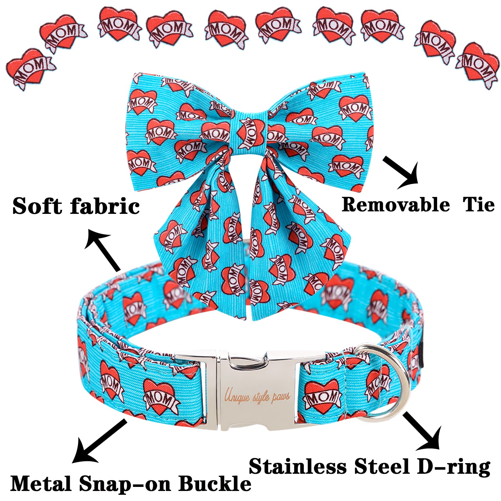 Unique Style Paws Mother'S Day Dog Collar With Tie Blue Heart Puppy Collar Best Gift For Small Medium Large Boys Girls-L