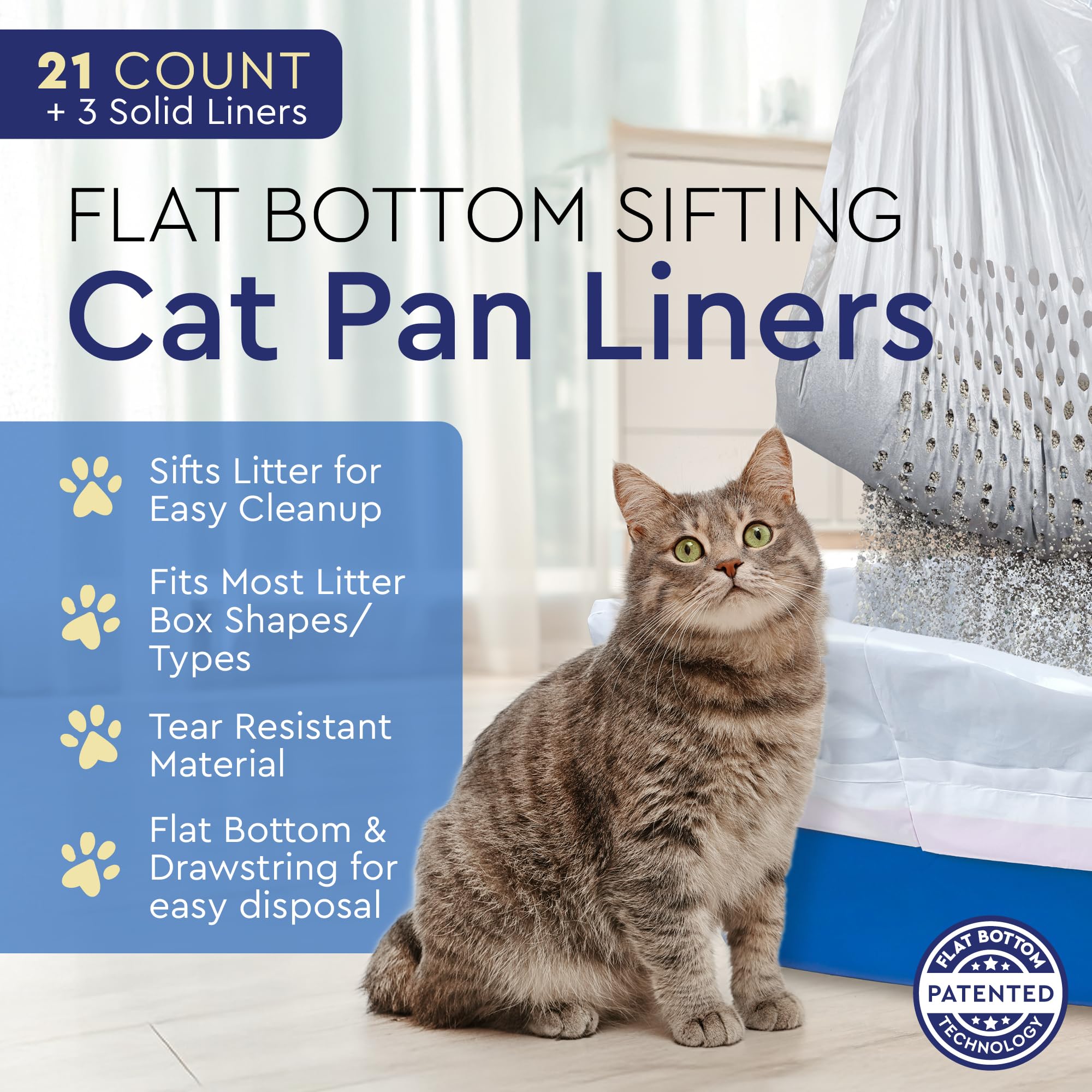 Alfapet Self Sifting Cat Litter Box Liners, Set Of 21, Flat Base, Xl Design, With Inbuilt Drawstrings, Fits Large Trays, Reinfor