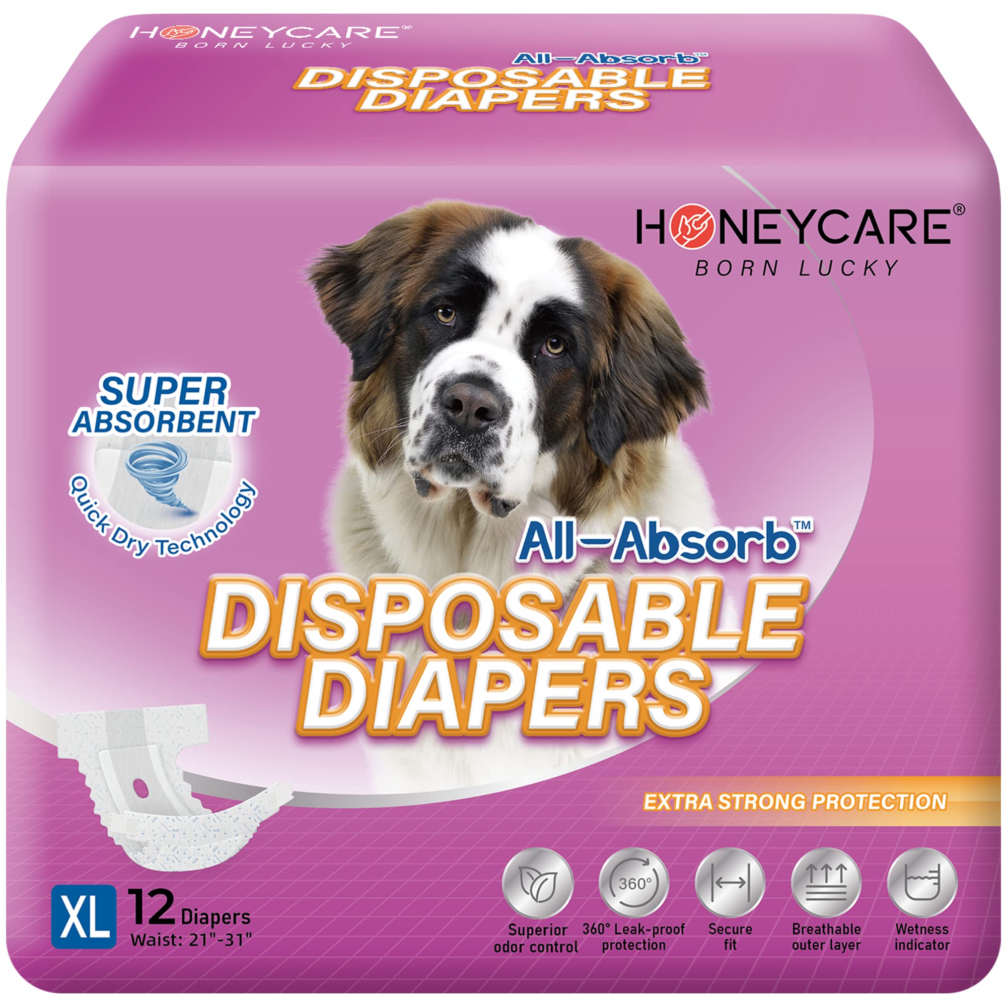 Honey Care All-Absorb Disposable Dog Diapers Xl Size, Improved Bigger Size, 12 Count, Super Absorbent, Breathable, Wetness Indicator