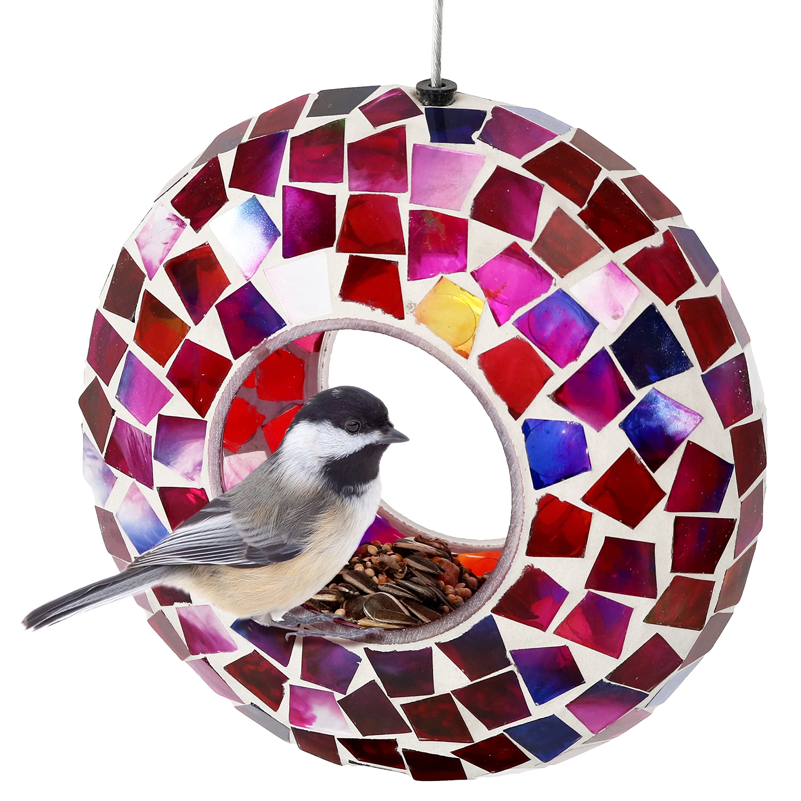 Sunnydaze 6-Inch Round Decorative Fly-Through Hanging Bird Feeder - Crimson Mosaic