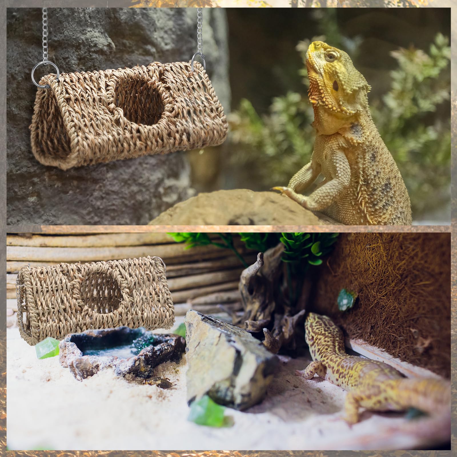 CroBlissful Reptile Hide Cave Hollow Cave Hideout with 2 Pcs Suction Cup and Chains Gecko Hide Reptile Tank Decor Seagrass Fiber