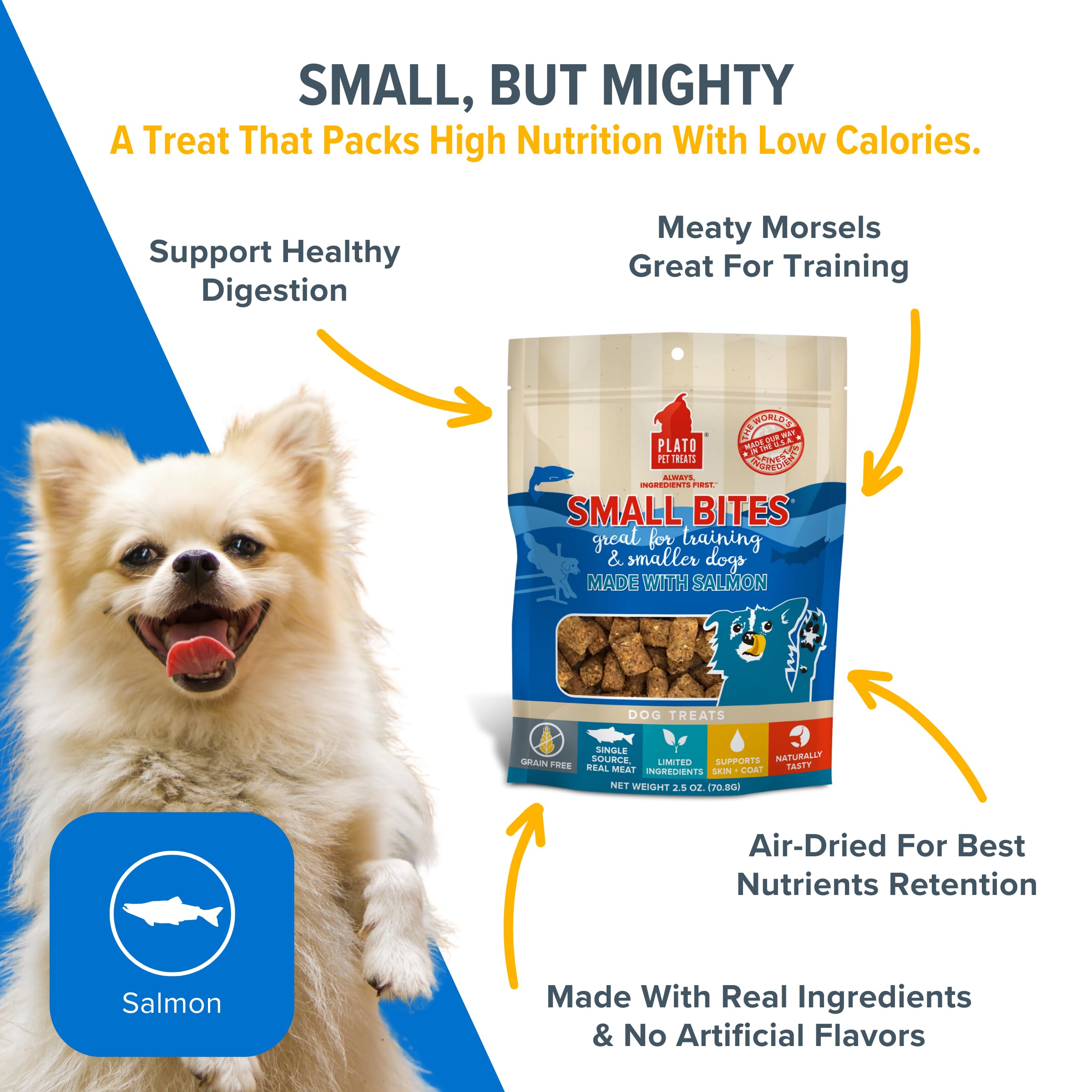 PLATO Small Bites Natural Training Dog Treats - Real Meat - Grain Free - Made in the USA - Salmon Flavor, 2.5 ounces