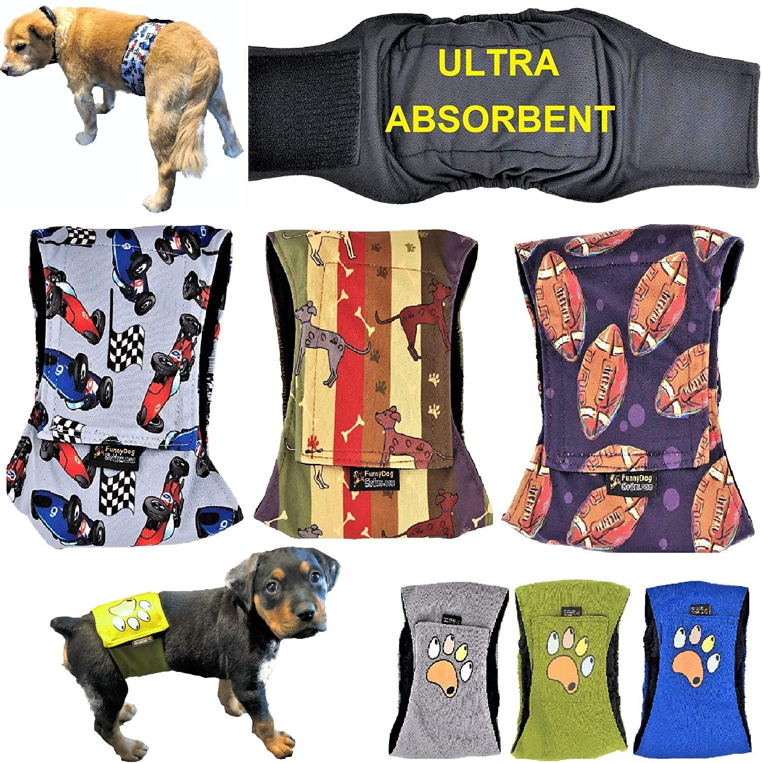 Pack of 3 Male Dog Diapers 4 - Layers of Absorbent Pads Waterproof Leak Proof Belly Band Wrap Washable (XL: Waist 20 - 26, Patte