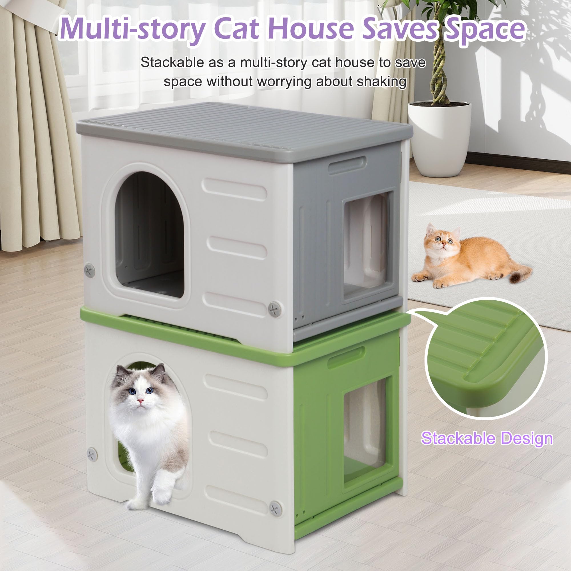 Waterproof Cat House For Outdoor Cats, Plastic Feral Cat House With Escape Door And Soft Mat, Large Indoor Cat House For Mutiple