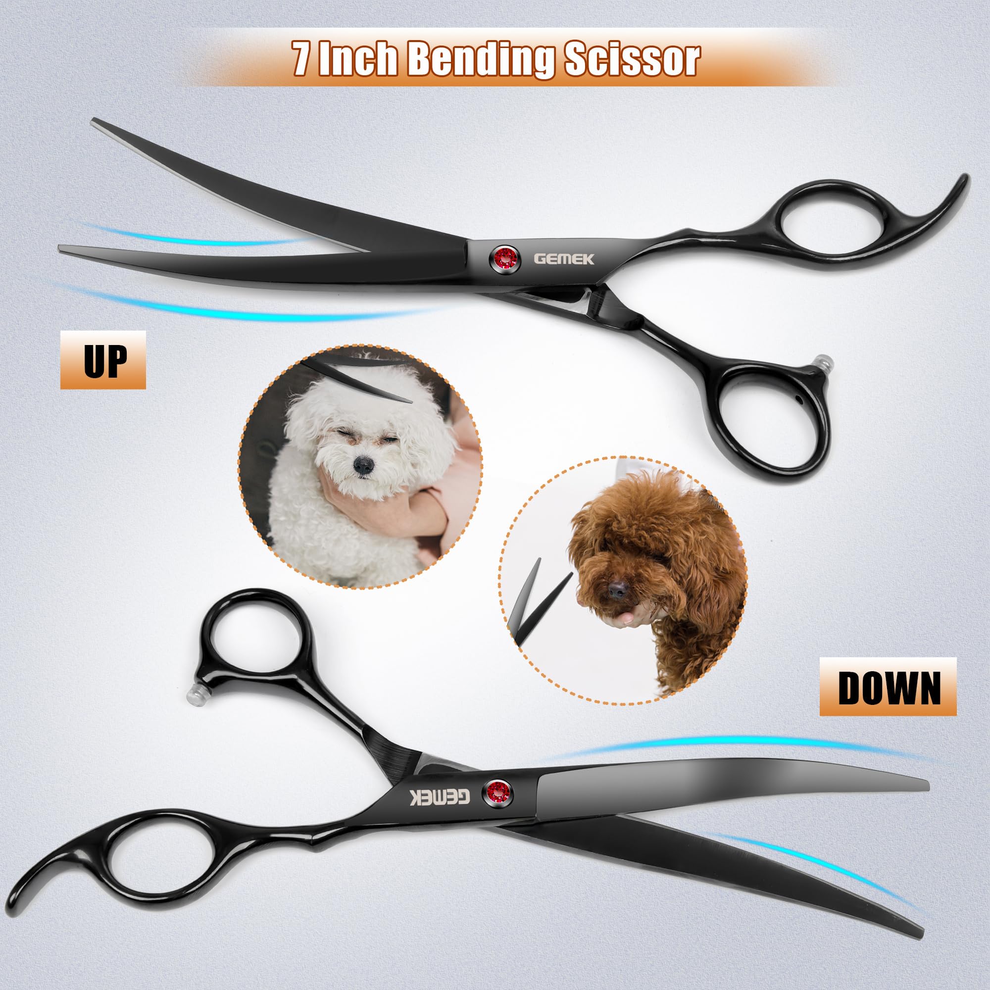 7.0in Titanium Professional Dog Grooming Scissors Set, GEMEK 6 in 1 Straight & Thinning & Upwards Curved & Downwards Curved Scis