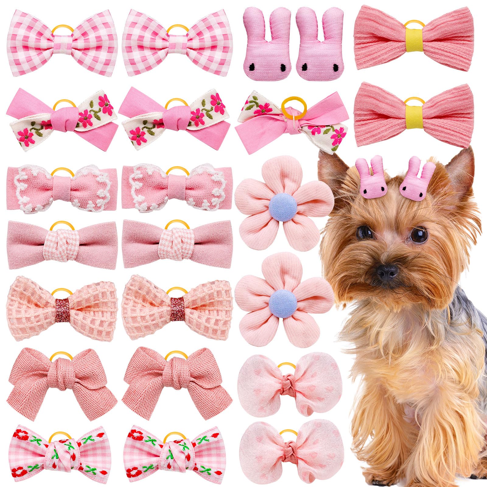 Mruq pet 20pc Light Pink Small Dog Hair Bows with Rubber Bands, Bulk Puppy Dog Hair Bows, Mix Handmade Cute Dog Gooming Flower B