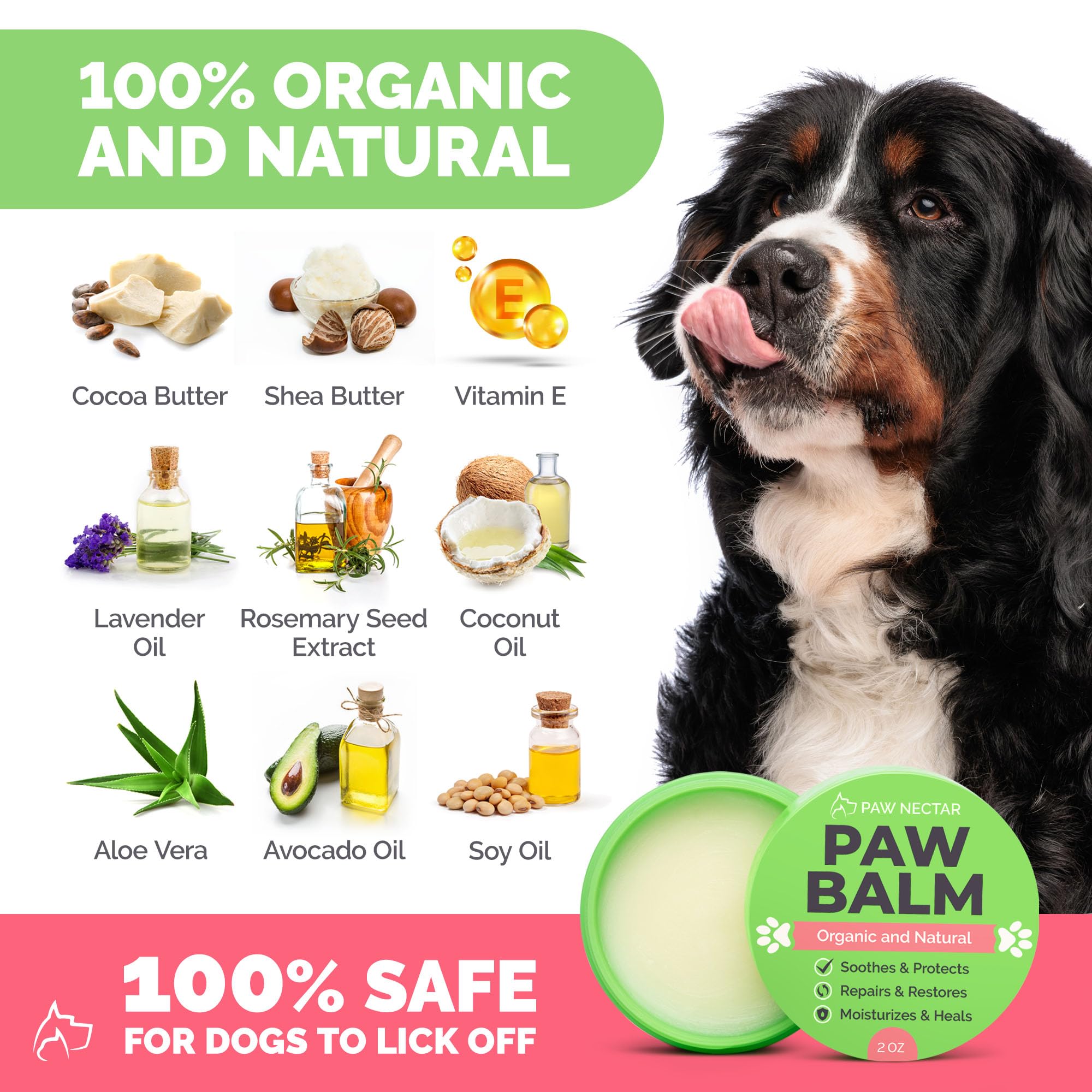 Natural Lick Safe Dog Paw Balm - 2 Pack 100% Organic Dog Paw Pad Balm Protector, Moisturizer & Soother for Dry Cracked Paws, Hot