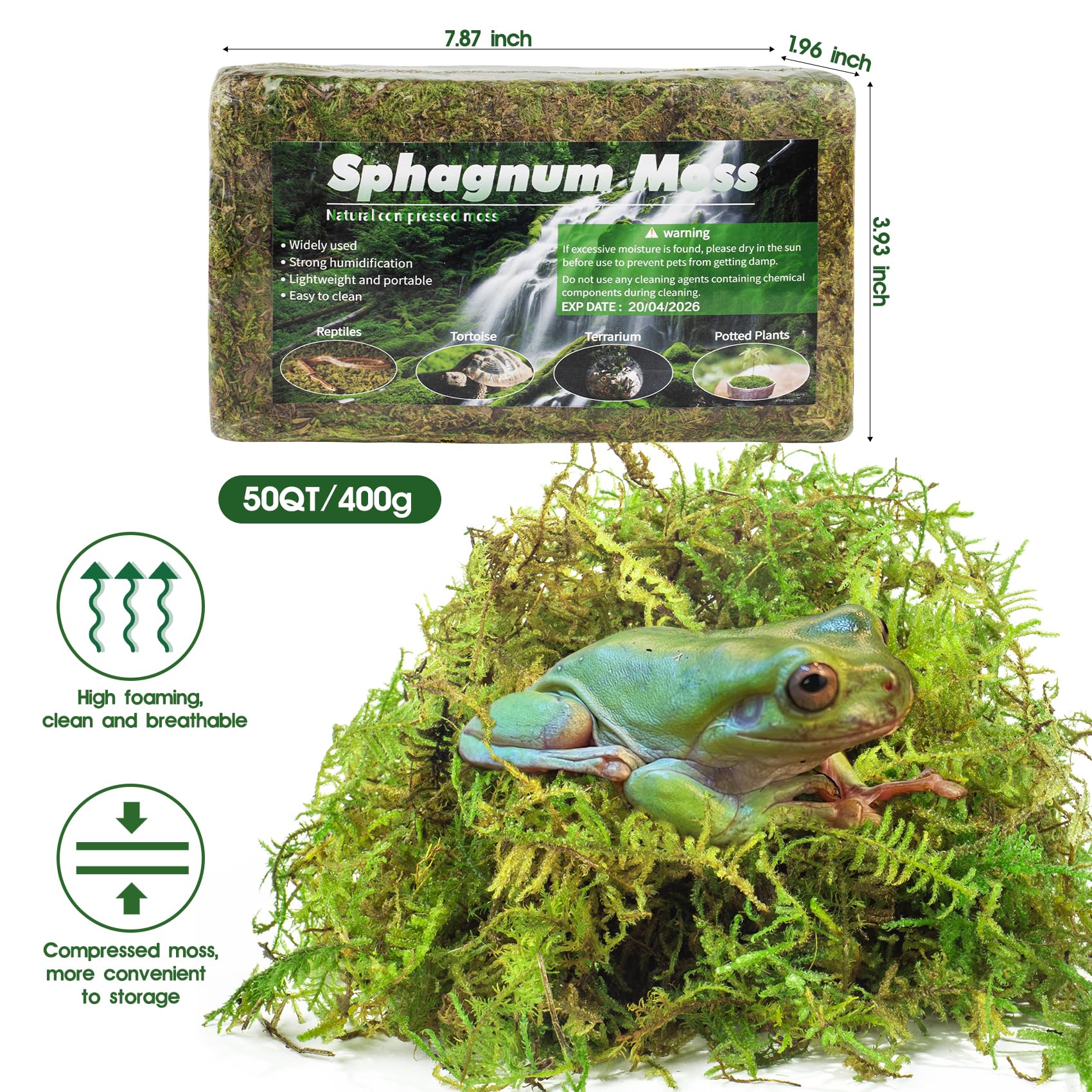 Pakimi 14Oz Sphagnum Moss For Reptiles, Terrarium Natural Green Dried Peat Habitat Bedding Plants For Snakes Gecko Forest Frogs