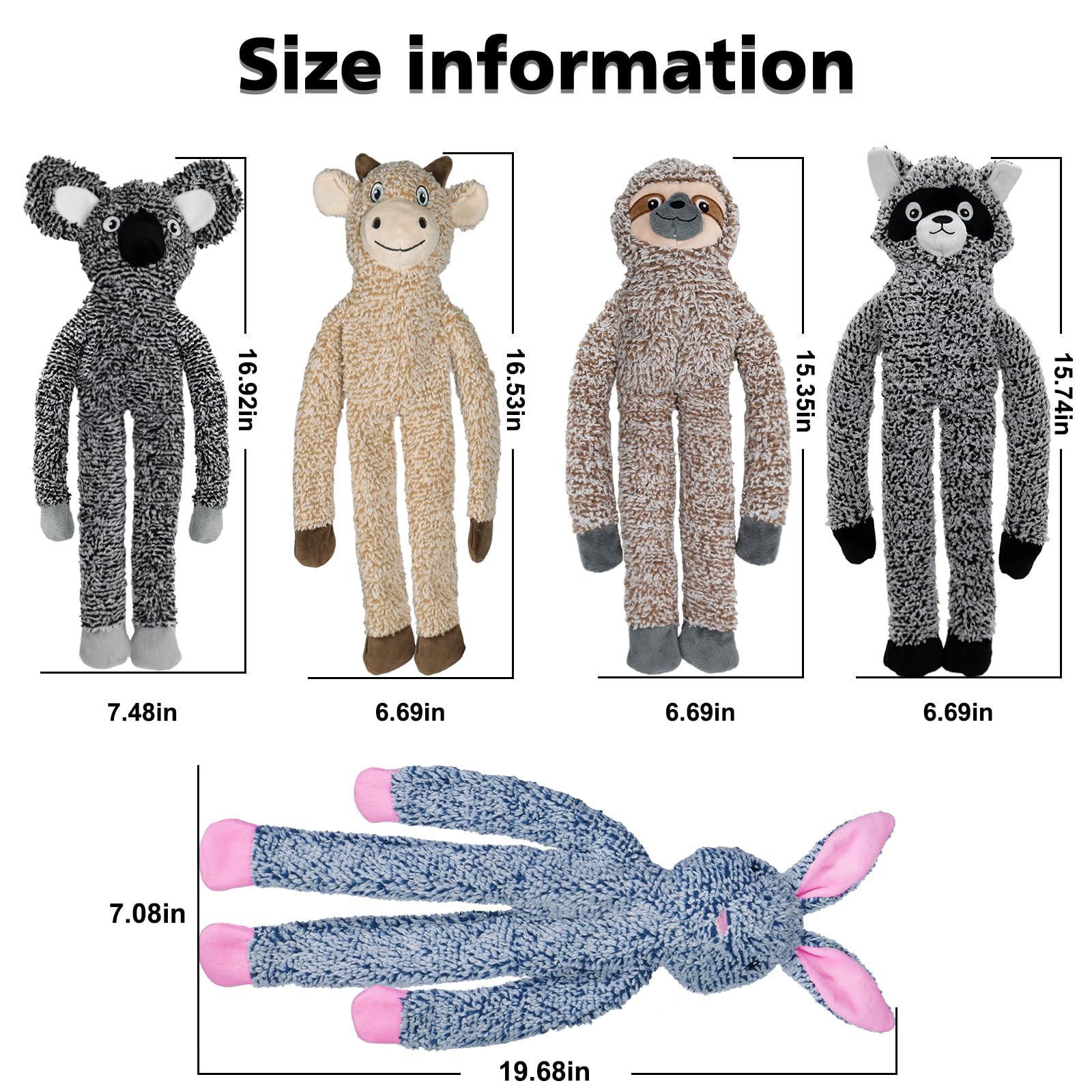 BUYPOW Koala No Stuffing Dog Toys, Plush Cotton Squeaky Toys for Large Dogs, 5-Pack, Black