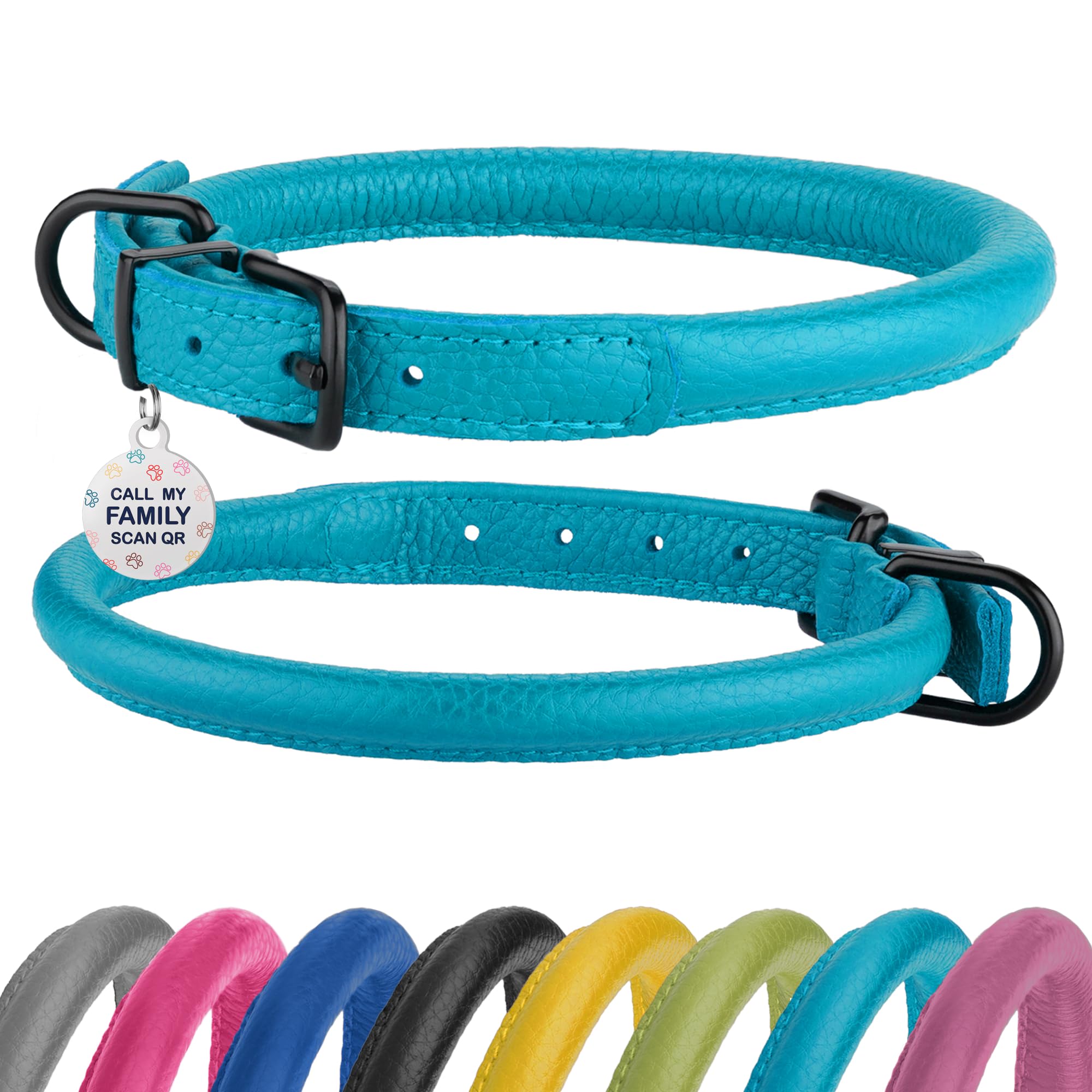 Rolled Leather Dog Collar Soft Round Collars, Id Tag For Small Medium Large Dogs (9-12 Inch, Aqua Blue)