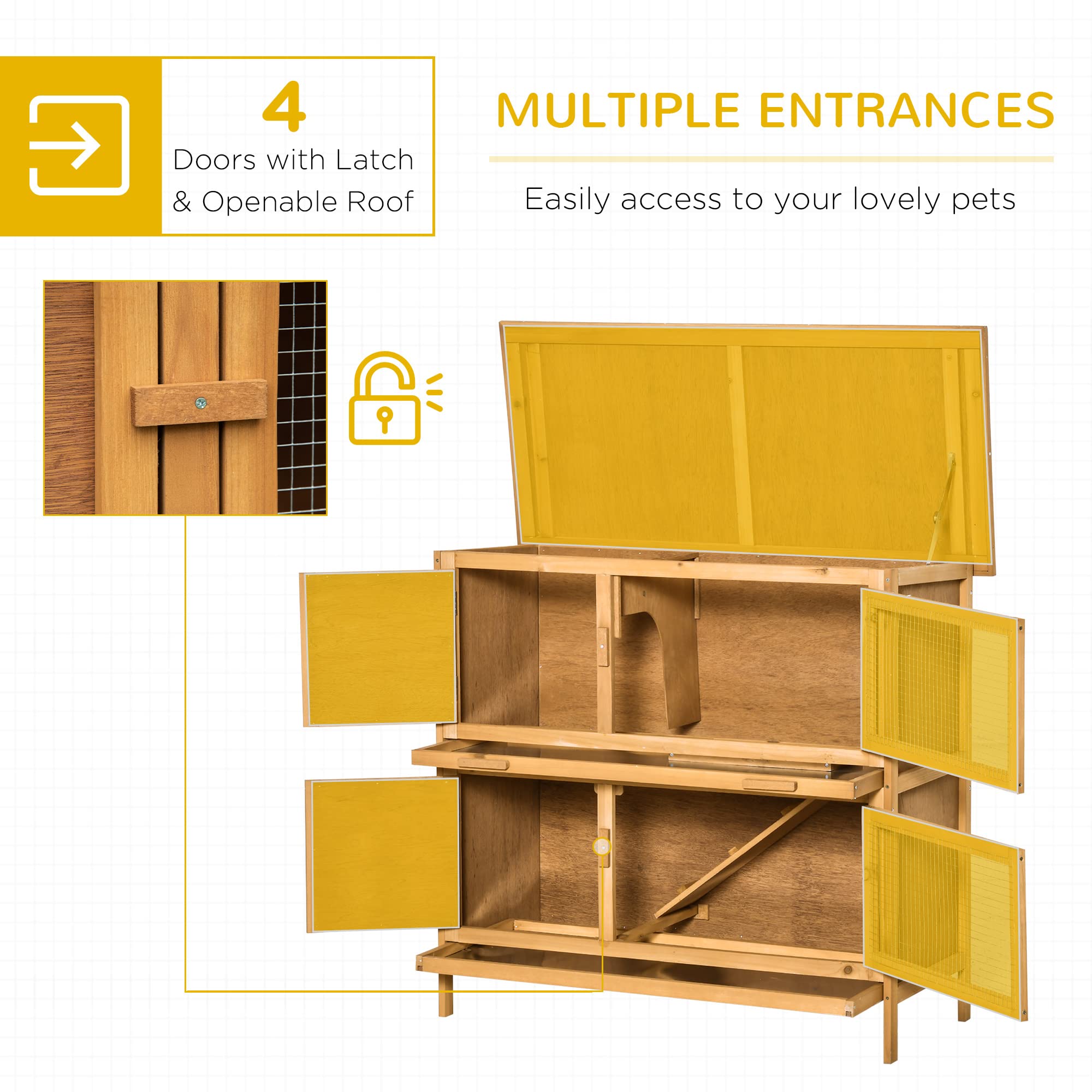 Pawhut Wooden Bunny Rabbit Hutch, Small Animal Habitat With Ramp, Removable Tray & Weatherproof Roof, Indoor/Outdoor, Yellow
