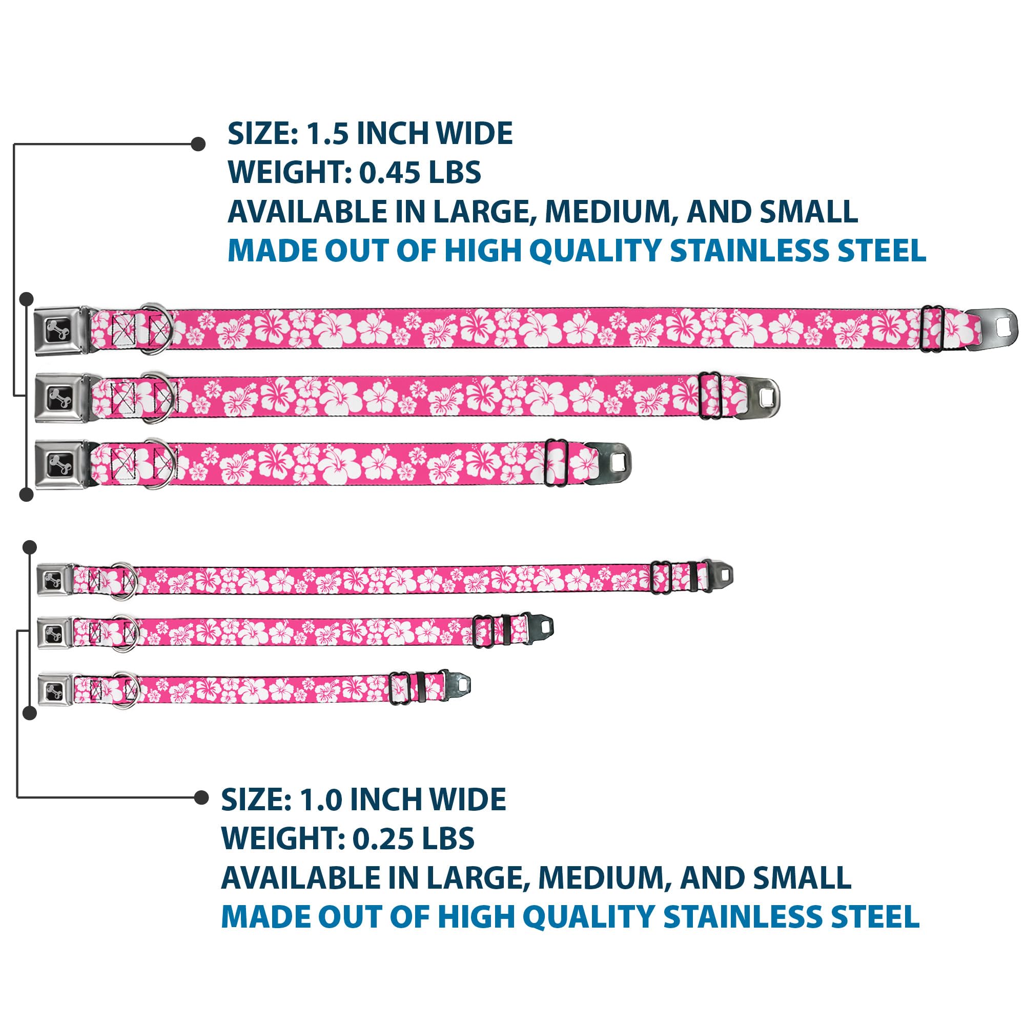 Buckle-Down Hibiscus Neon Pink/White Dog Collar Bone, Wide Small/13-18, Neck - Small