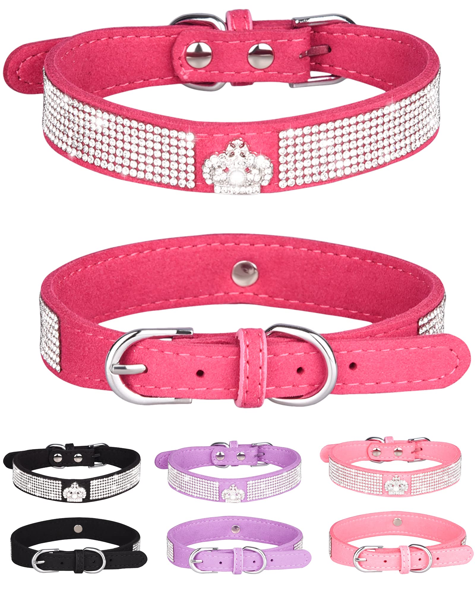 Dog Collar For Small Dogs, Adjustable Leather Suede Bling Dog Collars,Pink Dog Collar Cat Collar, Rhinestone Dog Collar (M, Rose