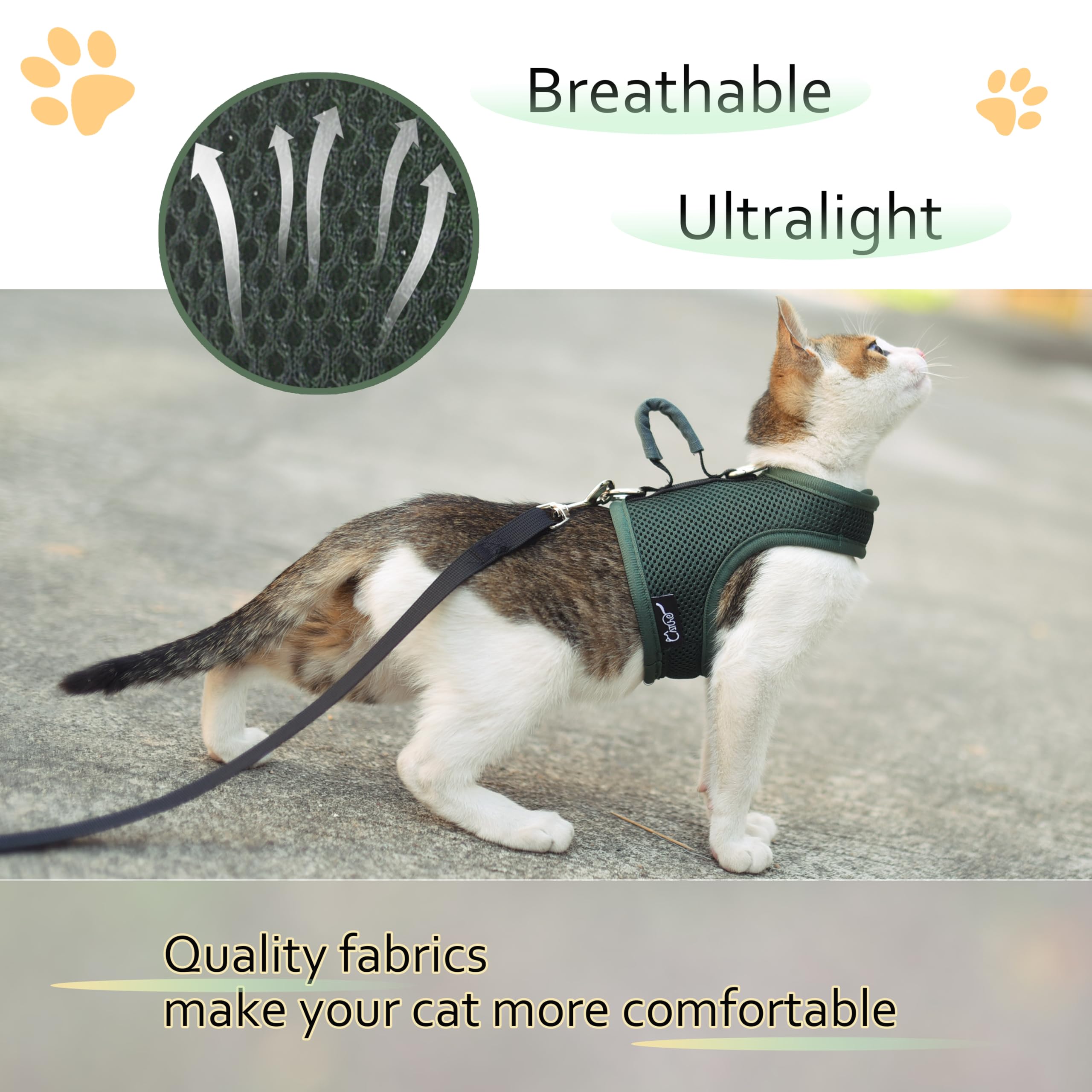 Cat Harness And Leash For Walking Escape Proof Breathable Mesh Fabric, Solid Green, Large, Adjustable Cat Walking Jackets With H