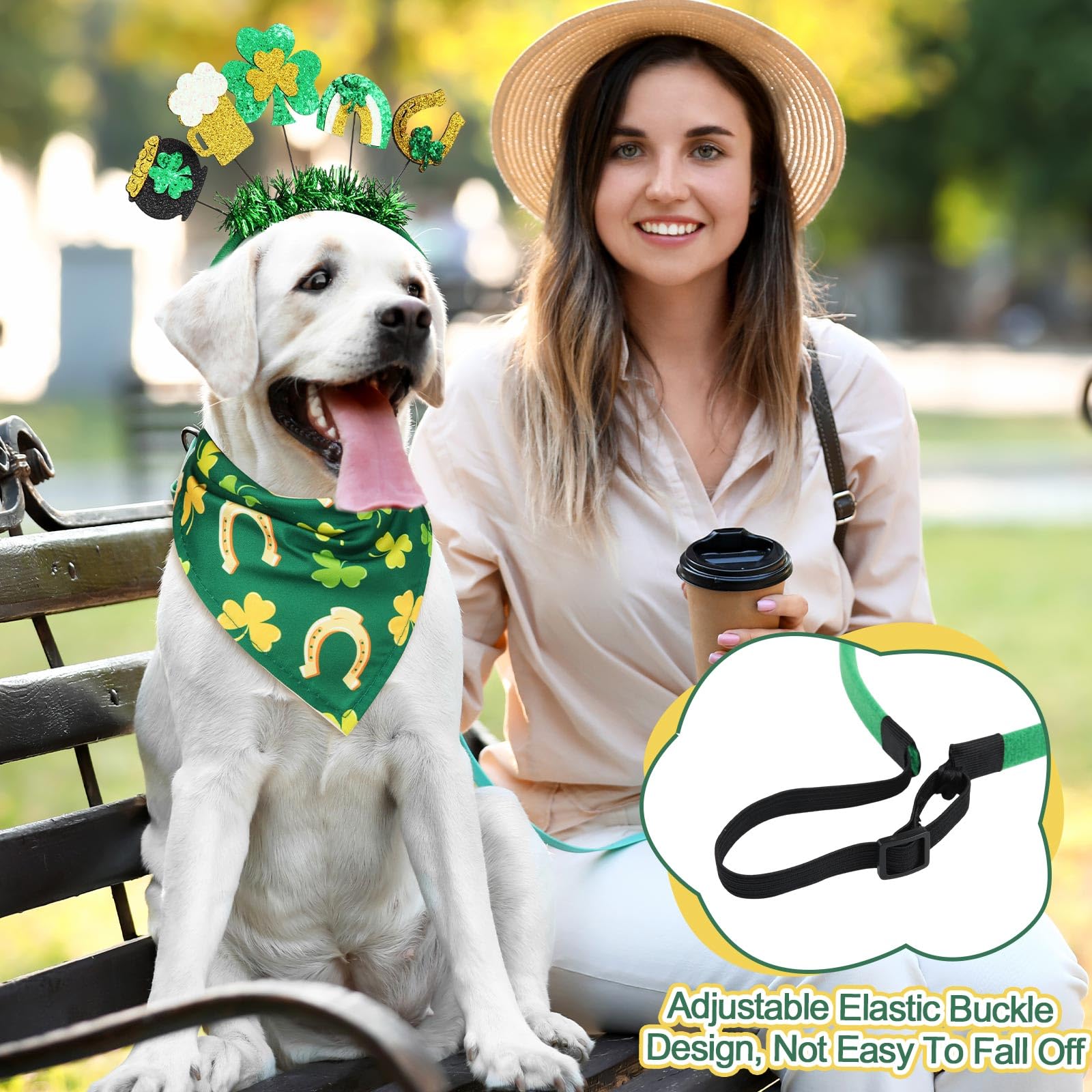 Wavwavw 18 Pcs St Patricks Day Dog Headband Green Shamrock Dog Bandanas Costume Buffalo Plaid Triangle Pet Scarf Adjustable Head