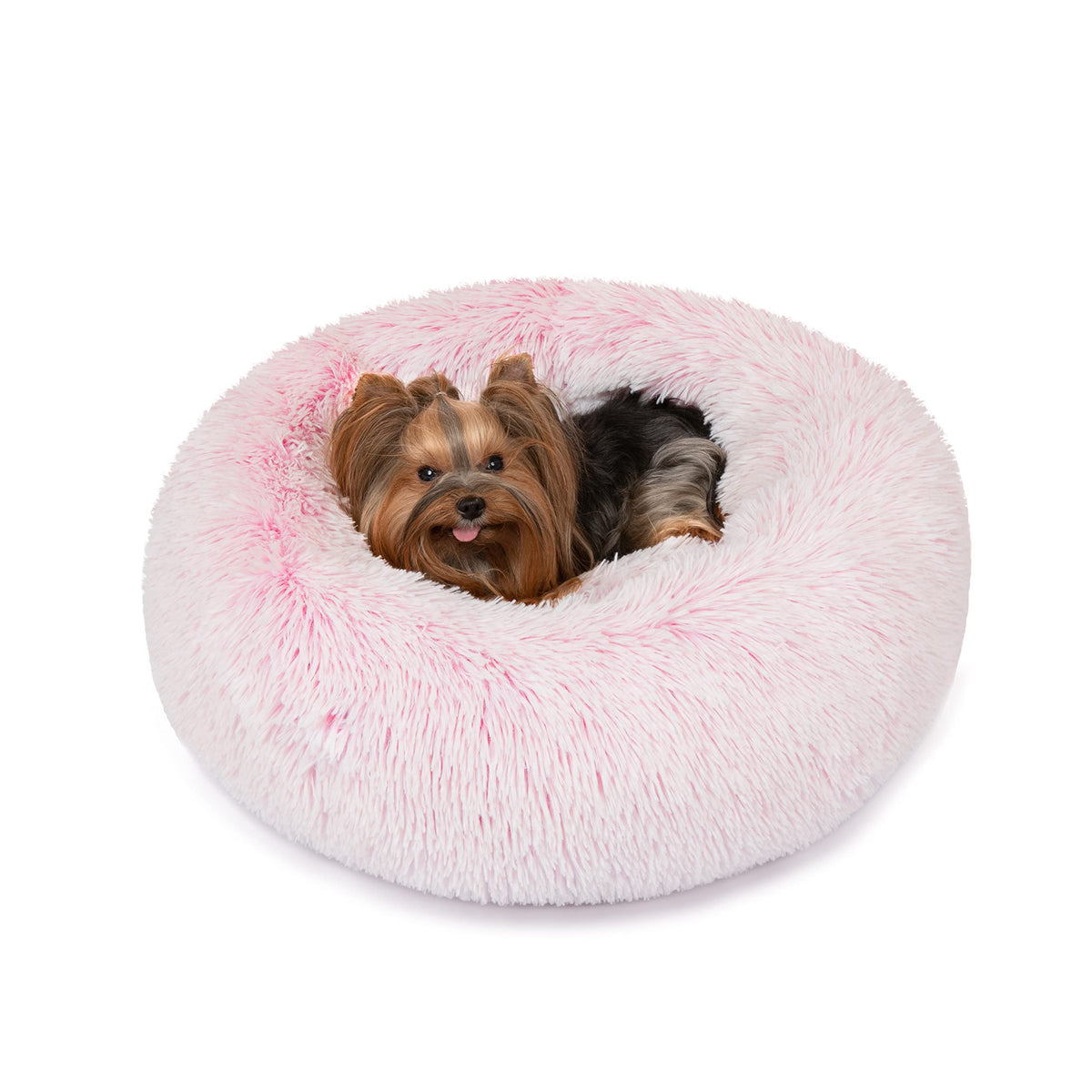 Friends Forever Donut Dog Bed Faux Fur Fluffy Calming Sofa For Small Dogs, Soft & Plush Anti Anxiety Pet Couch For Dogs, Machine Washable Coco Pet Bed With Non-Slip Bottom, 23'X23'X6' Pink