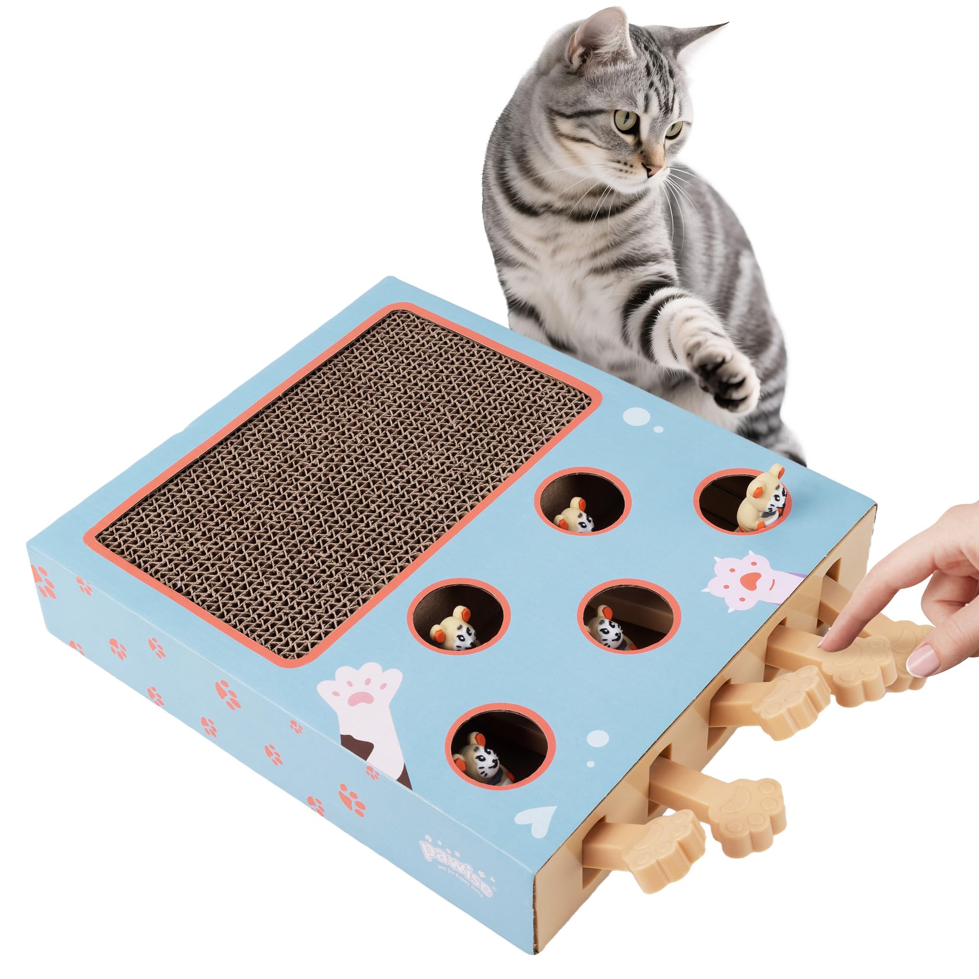 PAWISE Interactive Cat Play Scratch,3-in-1 Whack-A-Mole Puzzle Toy, Cat Scratching Post with Catnip, Fun Toy for Kitten,Cardboar