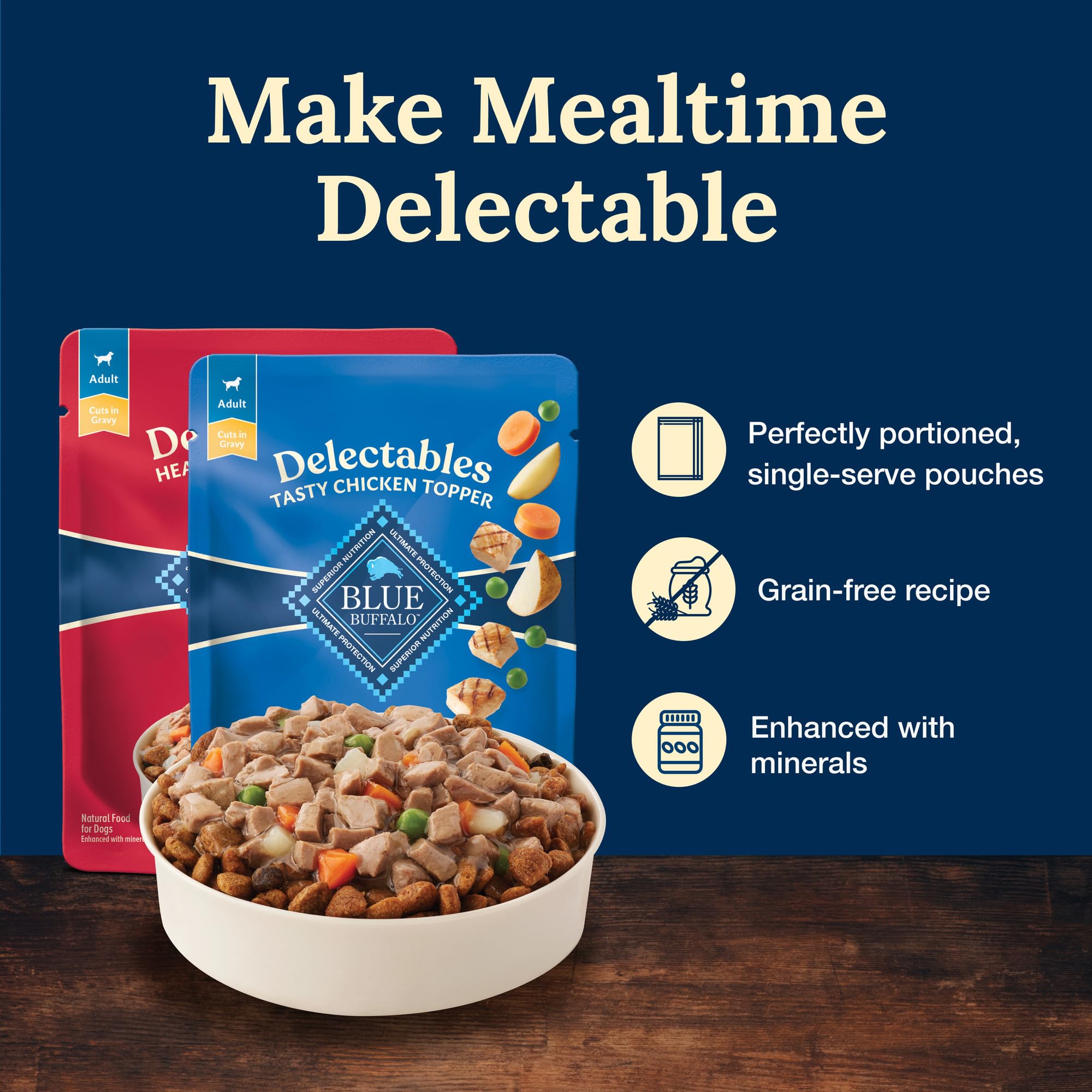 Blue Buffalo Delectables Natural Wet Dog Food Toppers Variety Pack, Tasty Chicken & Hearty Beef, Cuts in Gravy, 3-oz. (12 Pouche