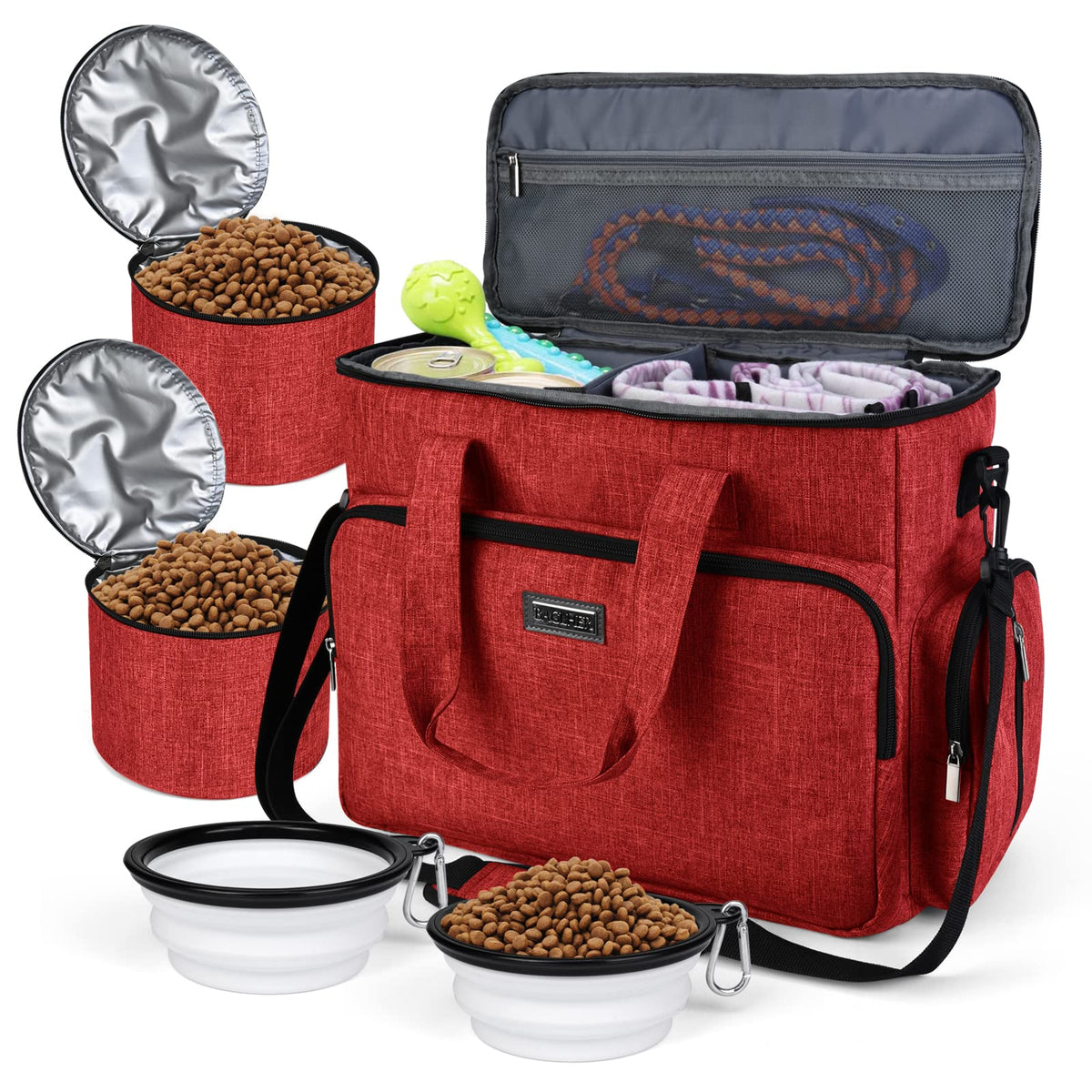 Baglher Dog Travel Bag, Pet Travel Bag(All Pet Travel Supplies), With 2 Pet Food Containers And 3 Collapsible Silicone Bowls; Essential Kits For Pet Travel Red