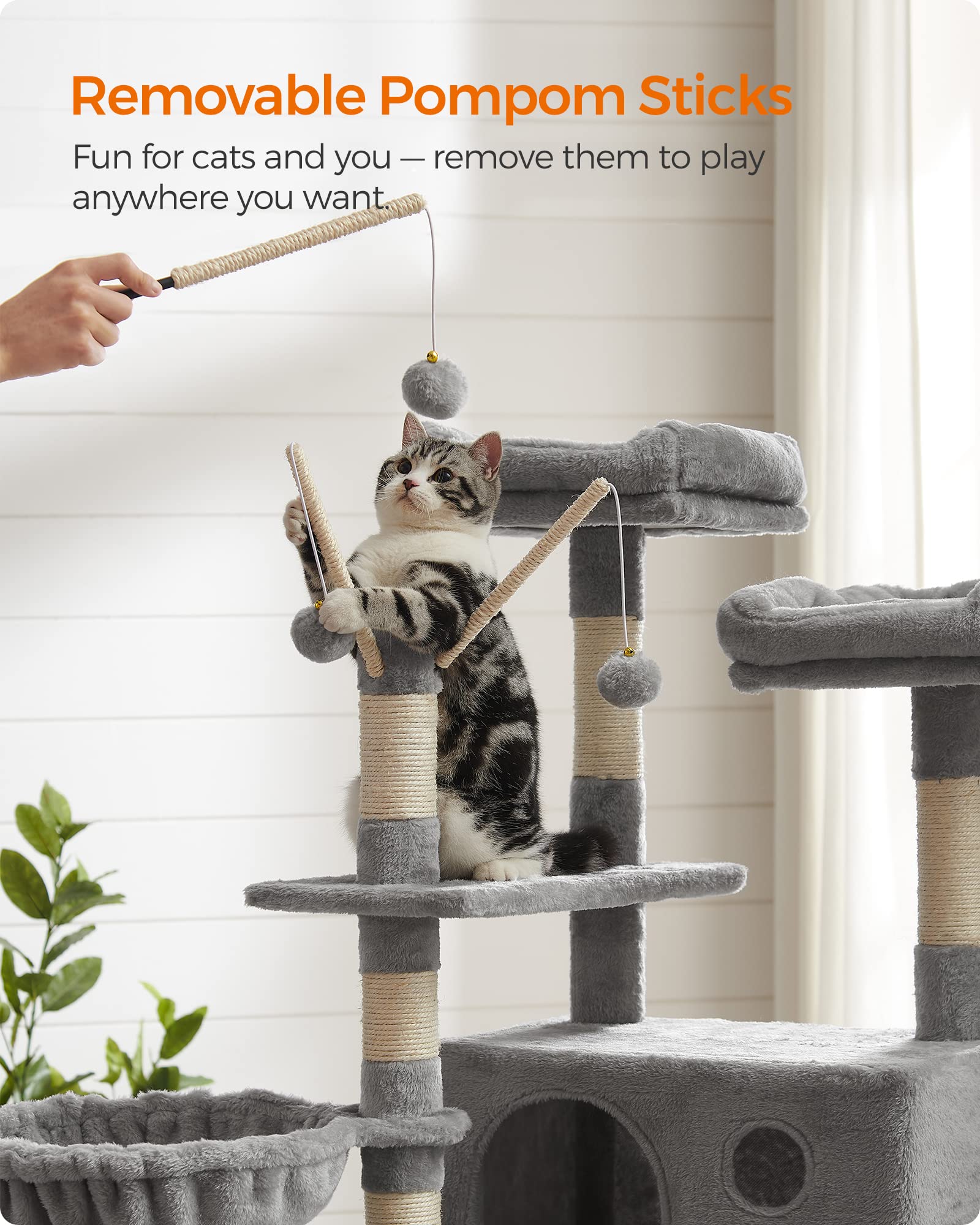 Feandrea Cat Tree, Large Cat Tower, 64.6 Inches, Cat Activity Center With Hammock, Basket, Removable Fur Ball Sticks, Cat Condo,