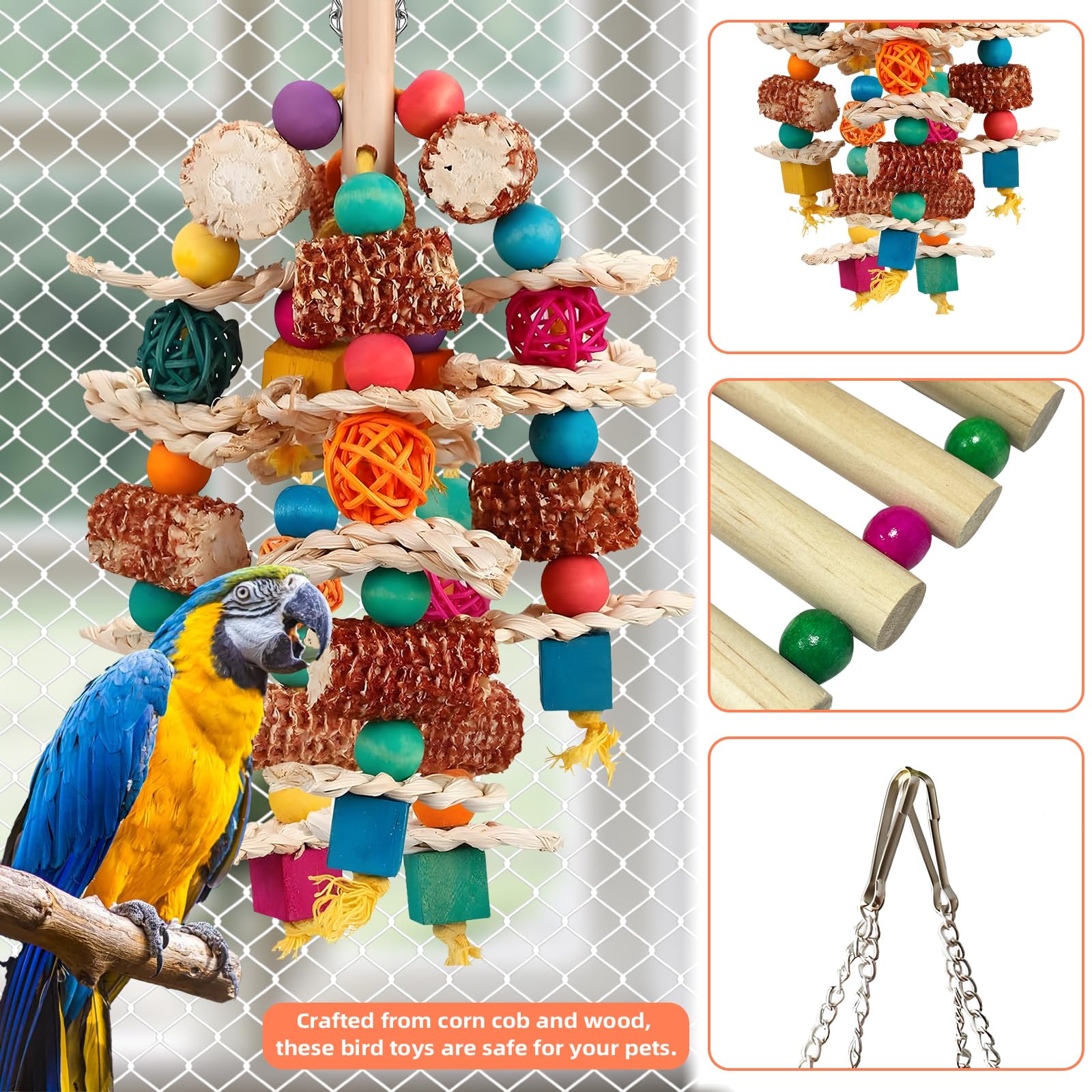 Cnymany 2 Pcs Parrot Toys, Natural Corn Cob Bird Chewing Toys And Bird Swing Toy, Bird Cage Accessories For Cockatiels, African