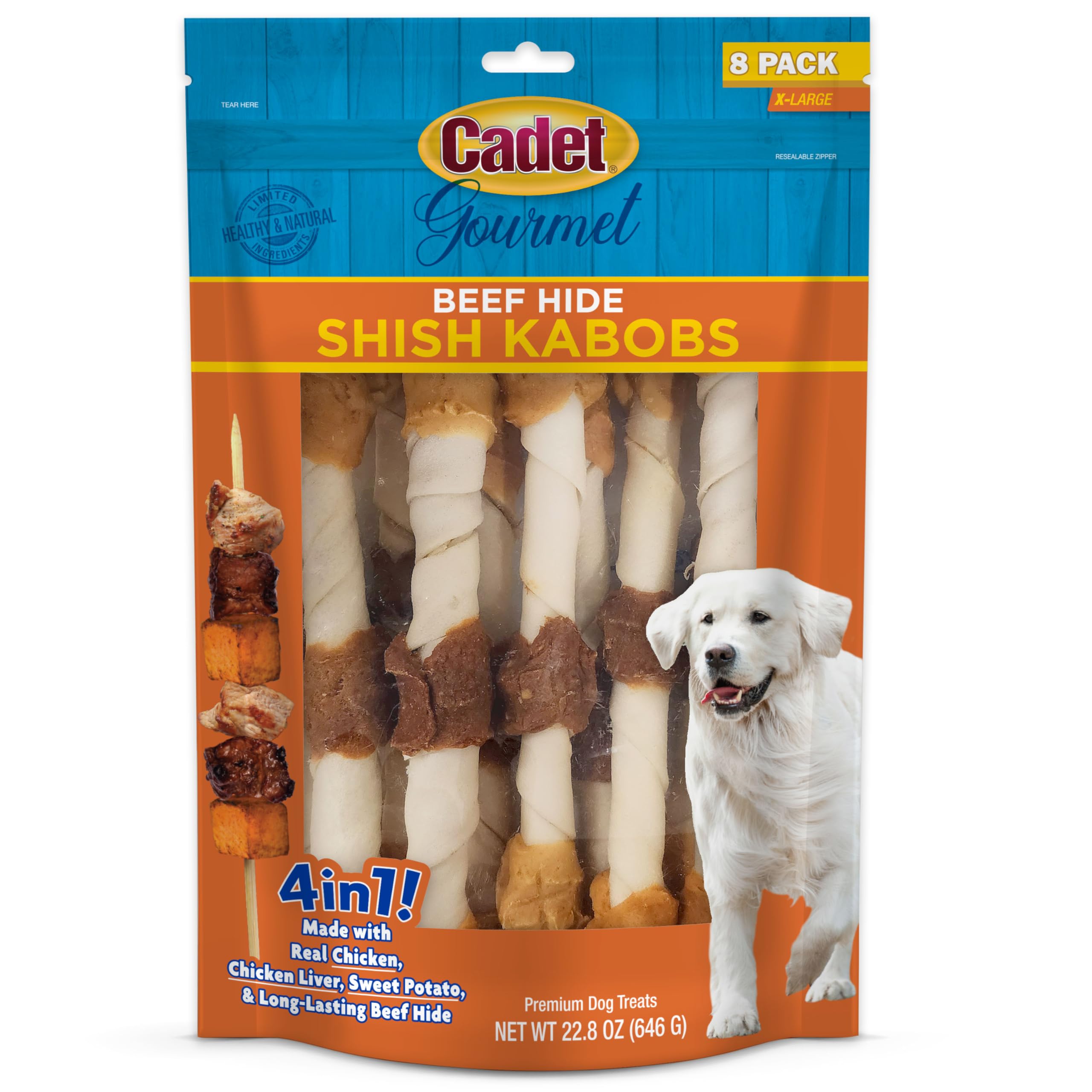 Cadet Gourmet Shish Kabob Dog Treats for Large Dogs, Healthy & Natural Chicken & Sweet Potato Chew Sticks, Beef Hide, Extra Larg