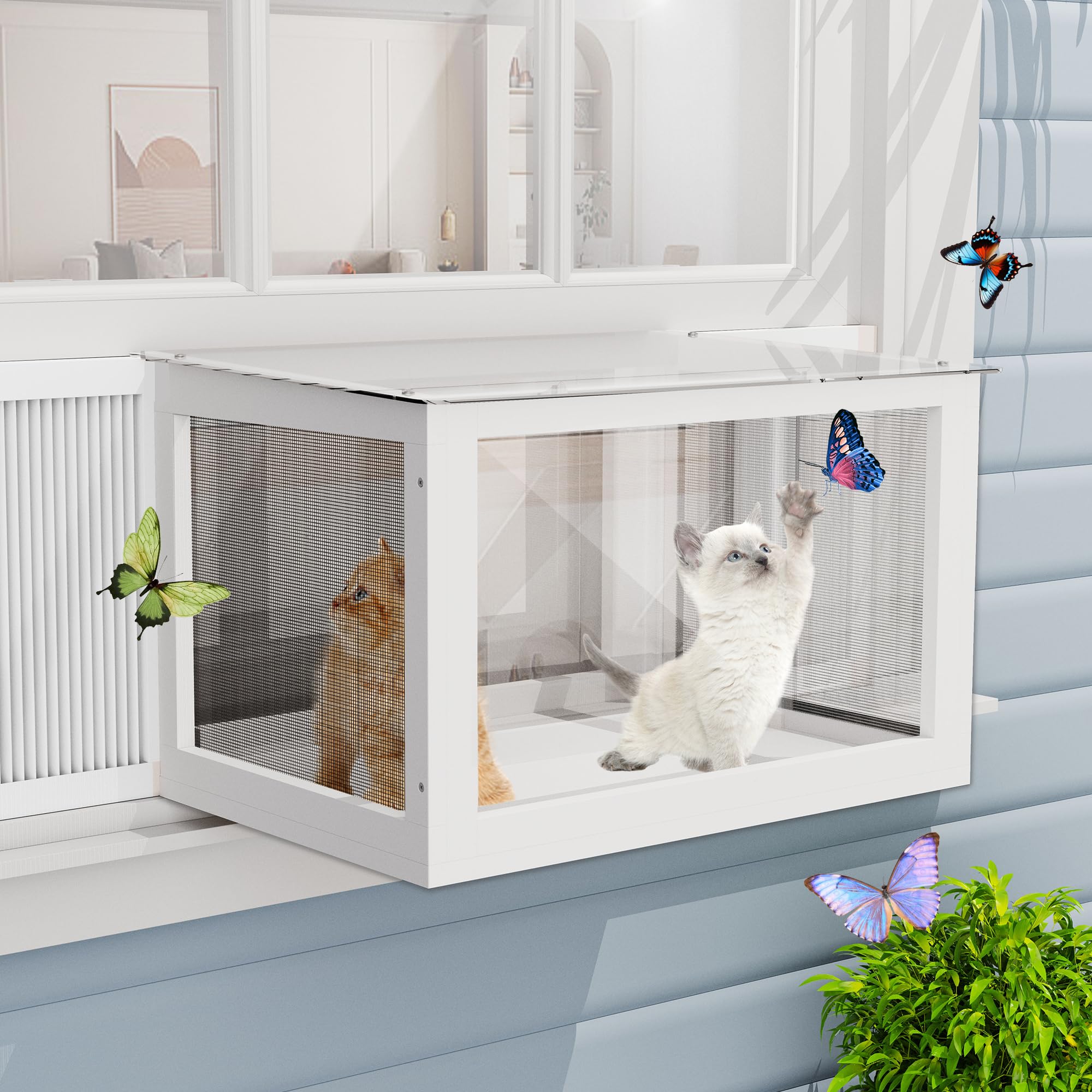 Dephet Cat Window Box, Catio Outdoor Cat Enclosure Window Perch W/Mosquito-Proof Net, Cats House Fits Double Hung Frames 25.2 to