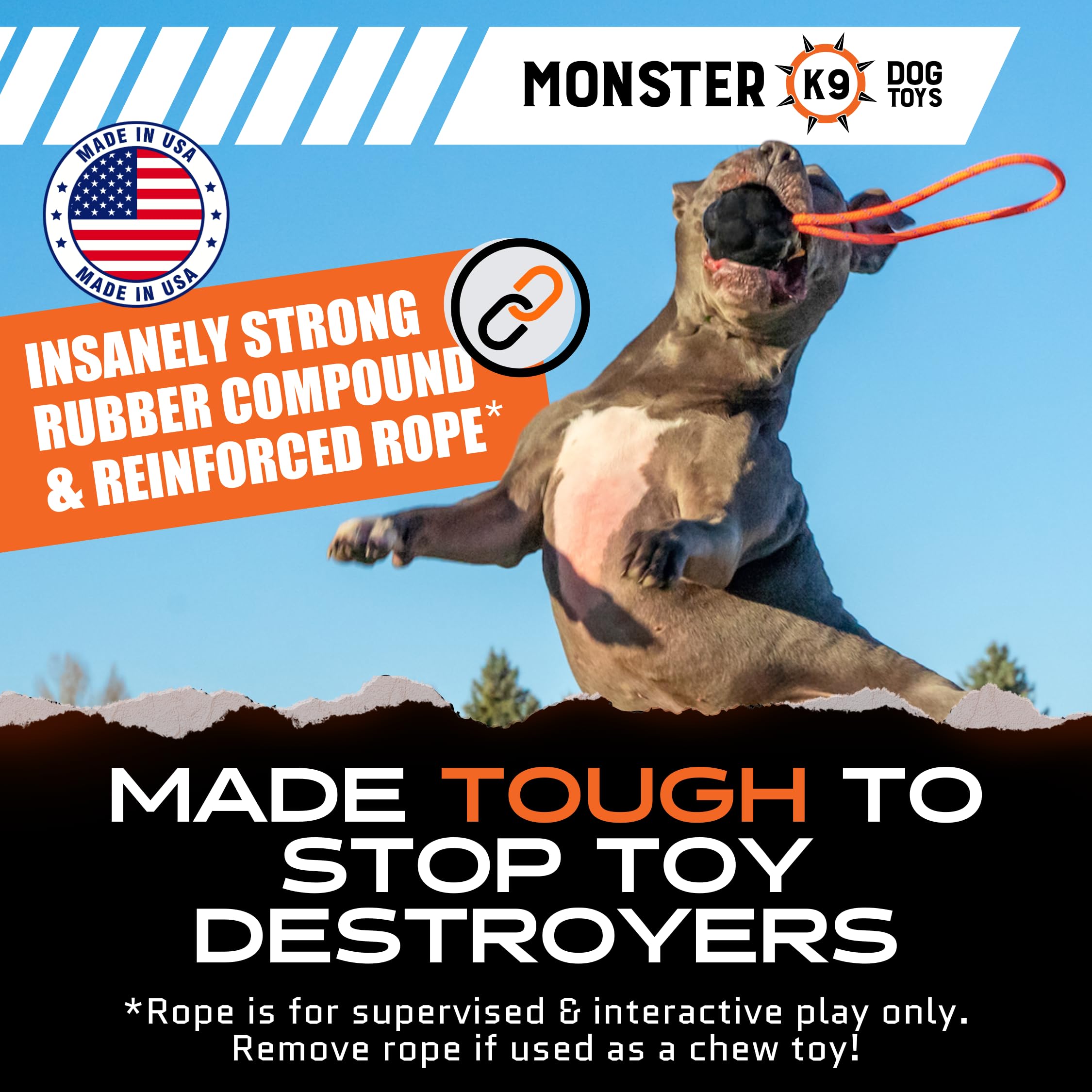 Monster K9 Xl Dog Ball - Lifetime Replacement - Medium & Large Breeds - Aggressive Chewers - Chew, Tug, & Fetch Dog Toy - Made I