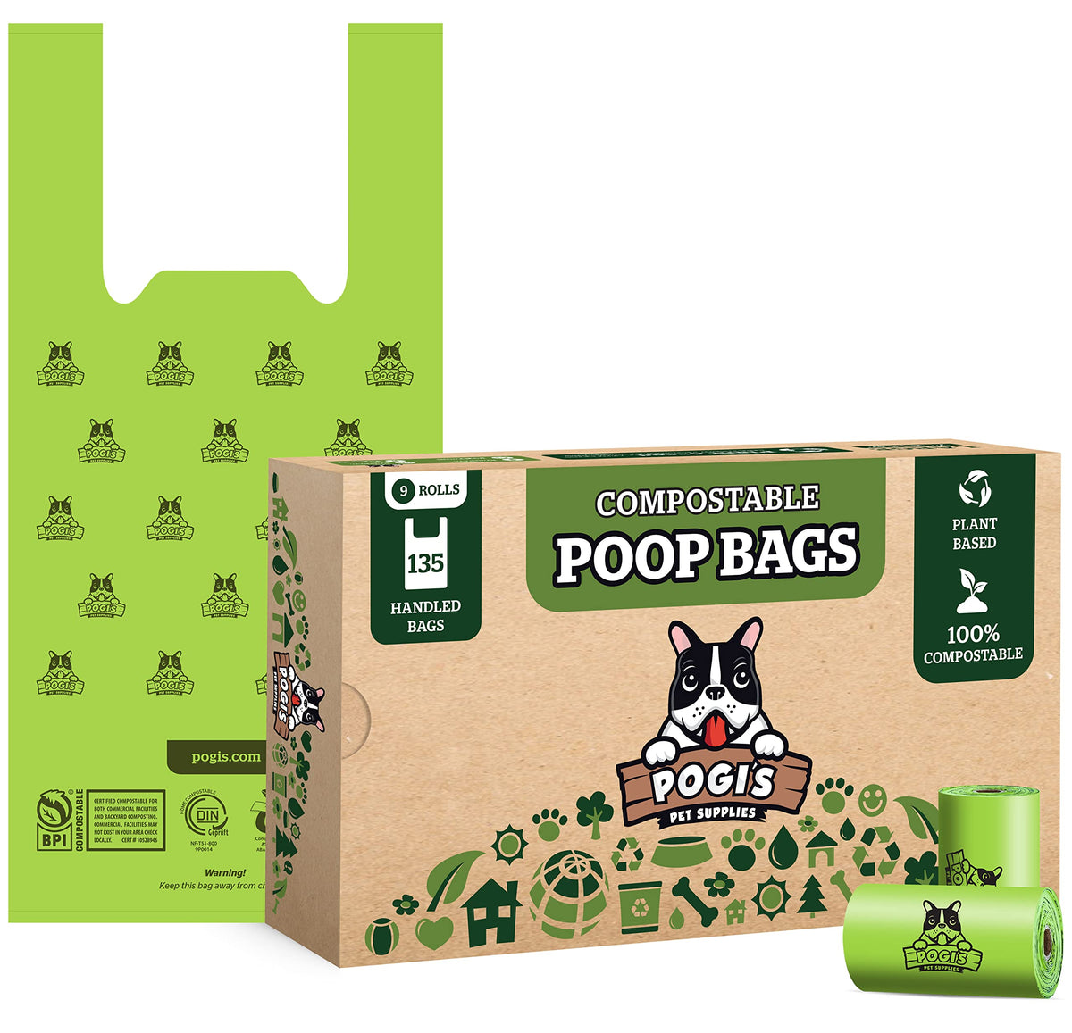 Pogi'S Plant-Based Poop Bags W/ Handles - 9 Rolls (135 Bags) - Leak-Proof, Extra-Large, Astm D6400 Certified Waste Bags For Dogs
