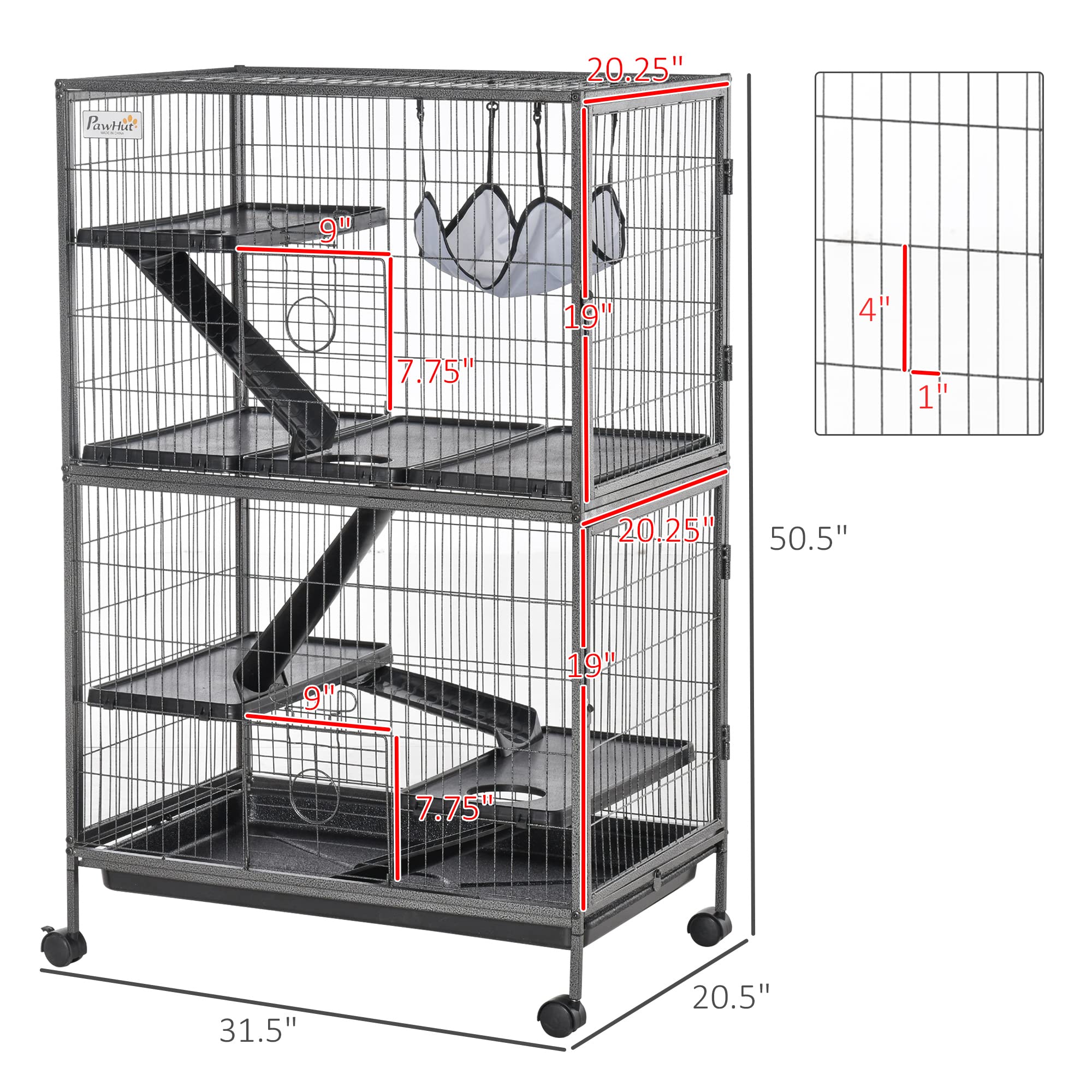 Pawhut 50' 5-Tier Small Animal Cage, Ferret Cage, Large Chinchilla Cage With Hammock Accessory & Heavy-Duty Steel Wire, Small Animal Habitat With 6 Doors, Removable Tray, Silver