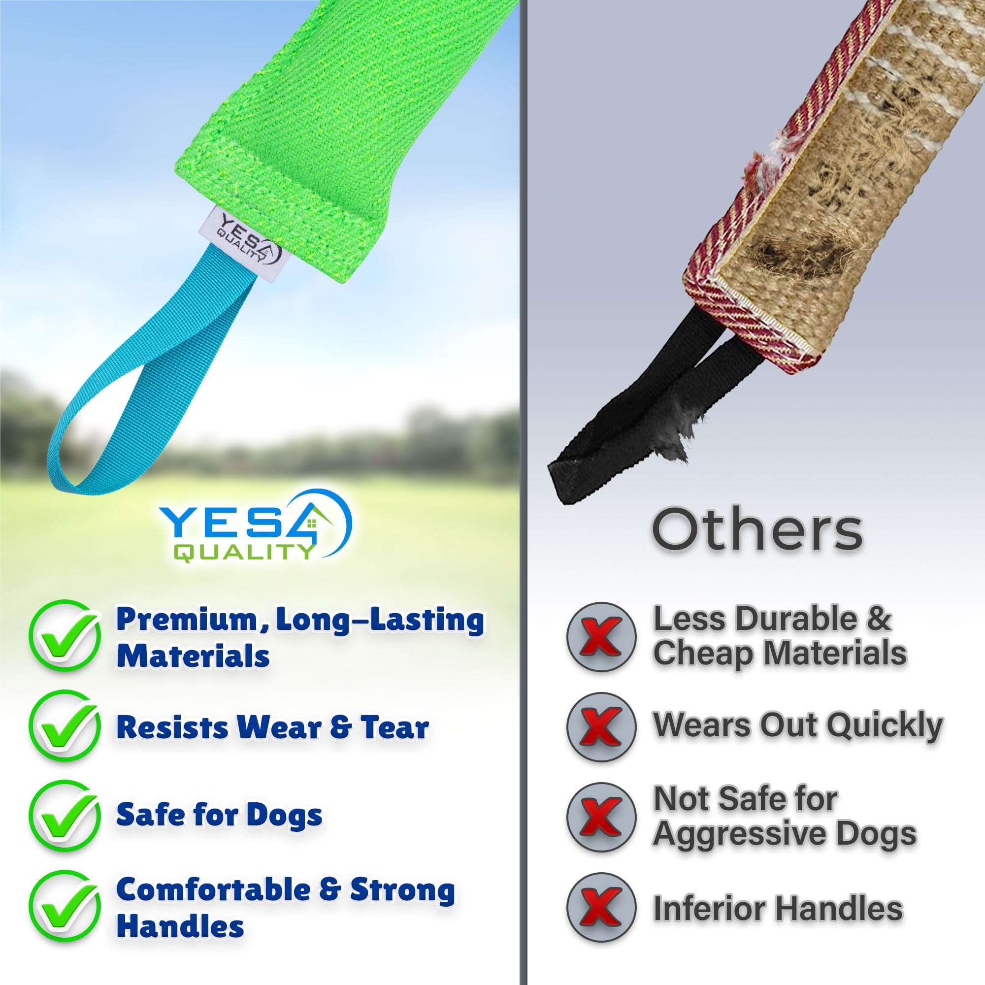 Yes4Quality Dog Bite Tug Toy (11.8'X3.5'), Durable Green Pull Toy W/ 2 Soft & Strong Blue Handles, Tough Nylon Bite Pillow For Small To Medium Dogs, Ideal For Tug Of War, Fetch, K9, Puppy Training