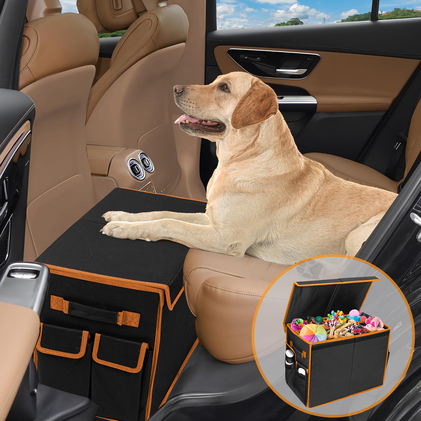 Back Seat Extender For Dogs Up To 200Lbs, Backseat Extender With Storage Pockets, Collapsible Dog Car Front Seat Extender For Tr