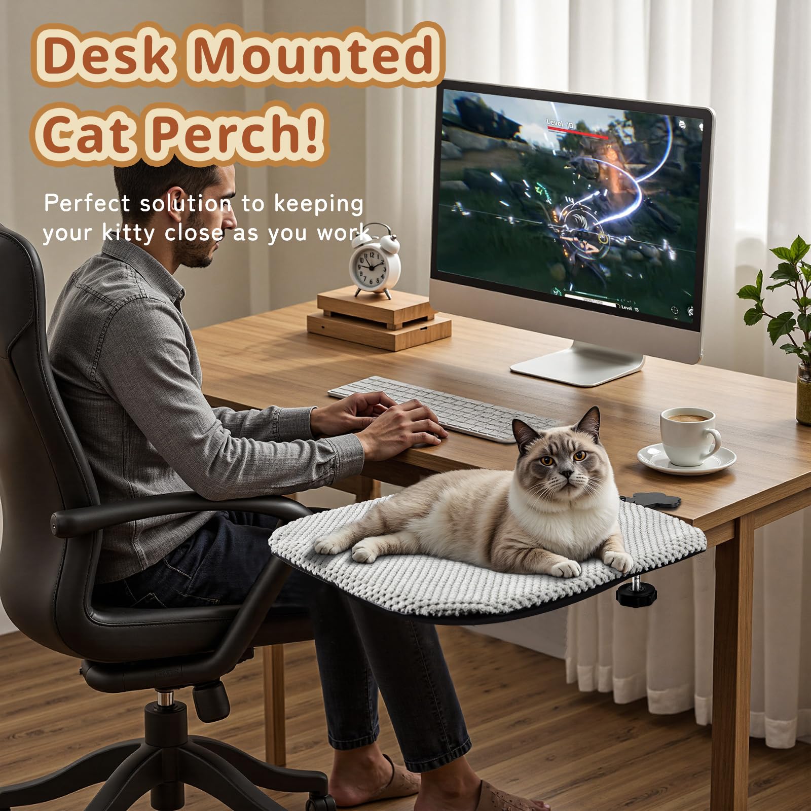 Cat Desk Bed-Sturdy Mounted Cat Hammock with Clamps, Soft Flannel Fabric, Supports Up to 44 lbs, Spacious Sleep Area Square Desk
