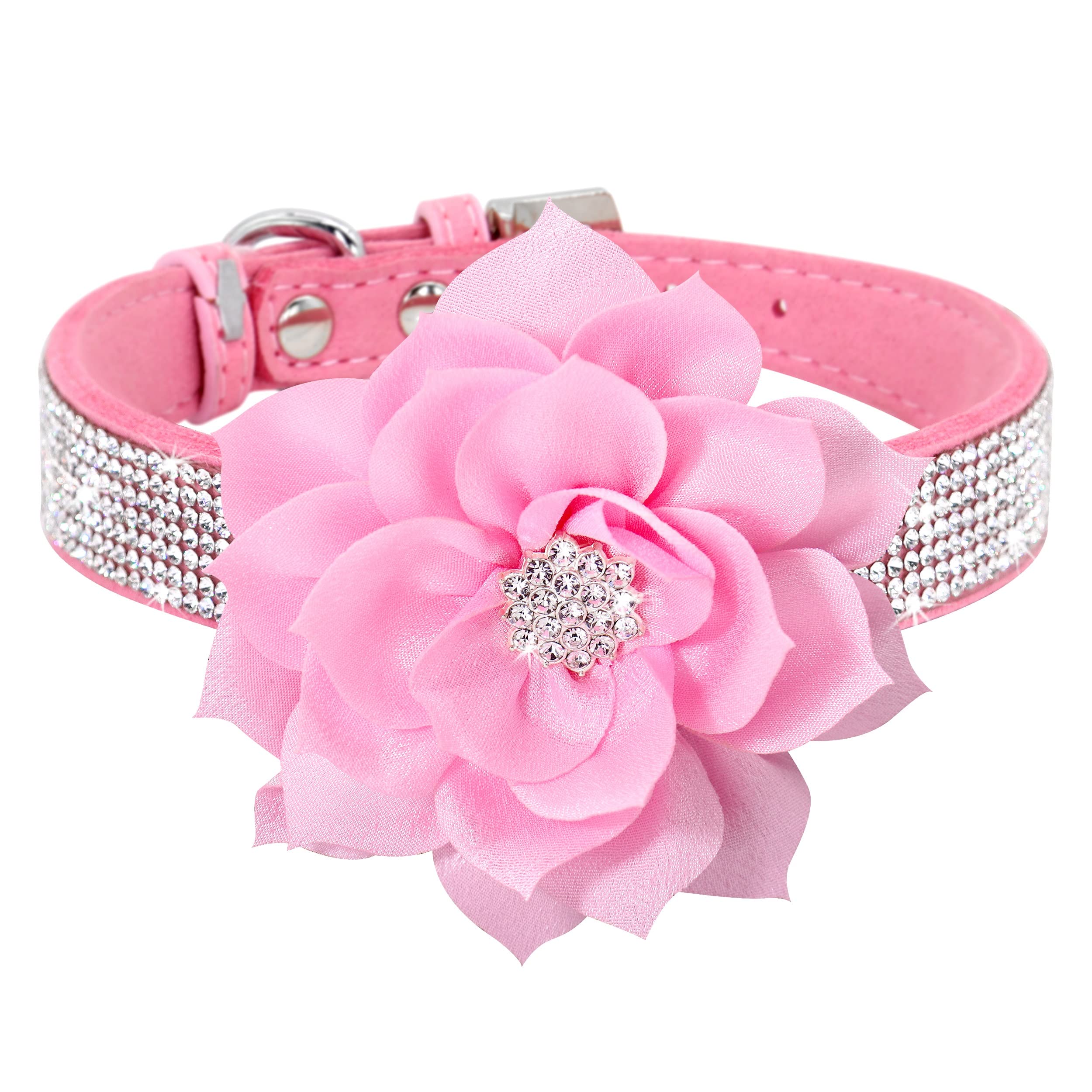 Pet Artist Cute Girl Rhinestone Suede Dog Collars For Small Dogs Cats,Soft Flower Dog Collar,Bling Dog Collars For Small Puppy Dogs Pink Collar, M:Neck 12-14.5'(31-37Cm)