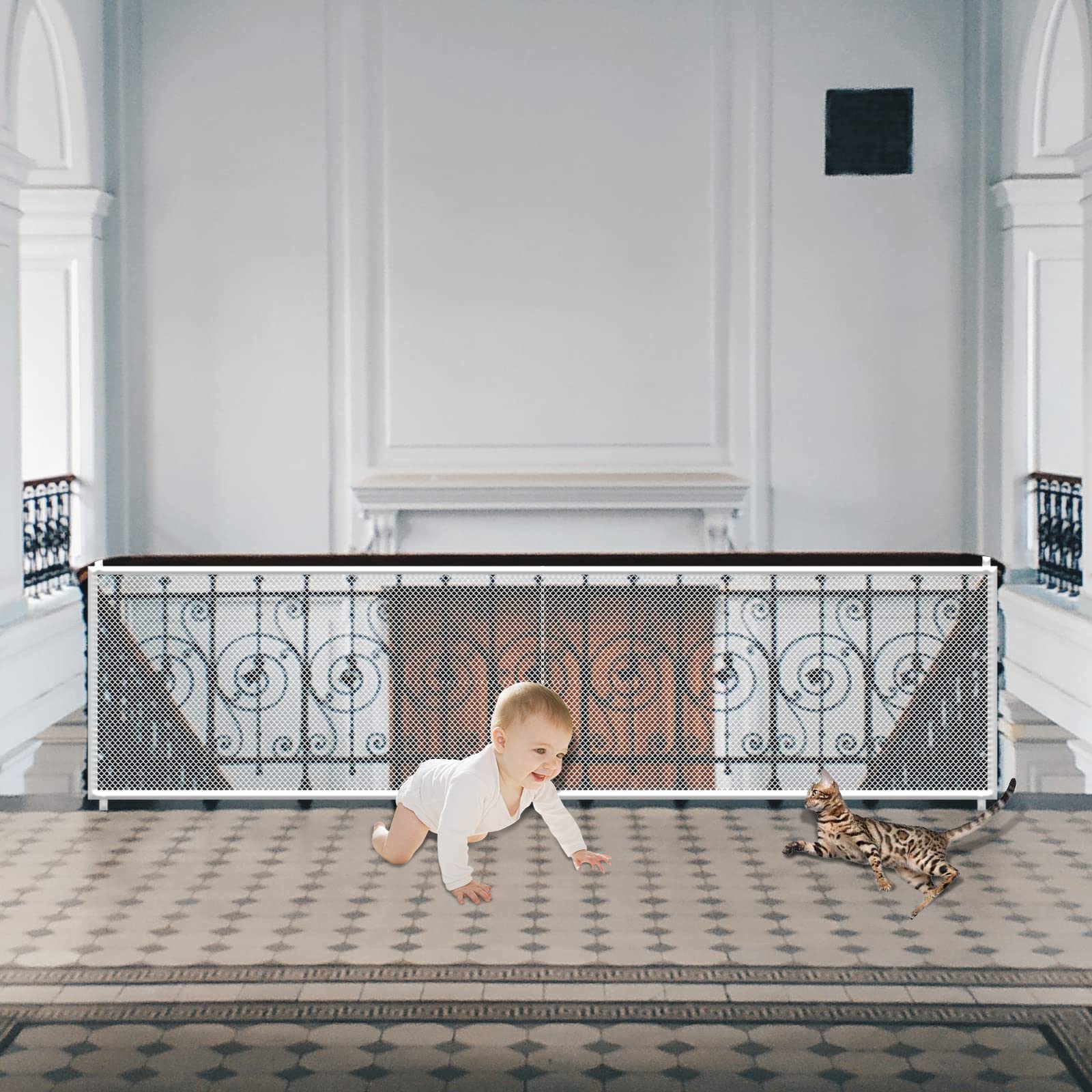 JIFTOK Baby Gate for Stairs, Banister Guard for Kids, Pets, Toys, 39.3 ft L x 2.66 ft H, Mesh Netting Safety Net for Balcony Rai