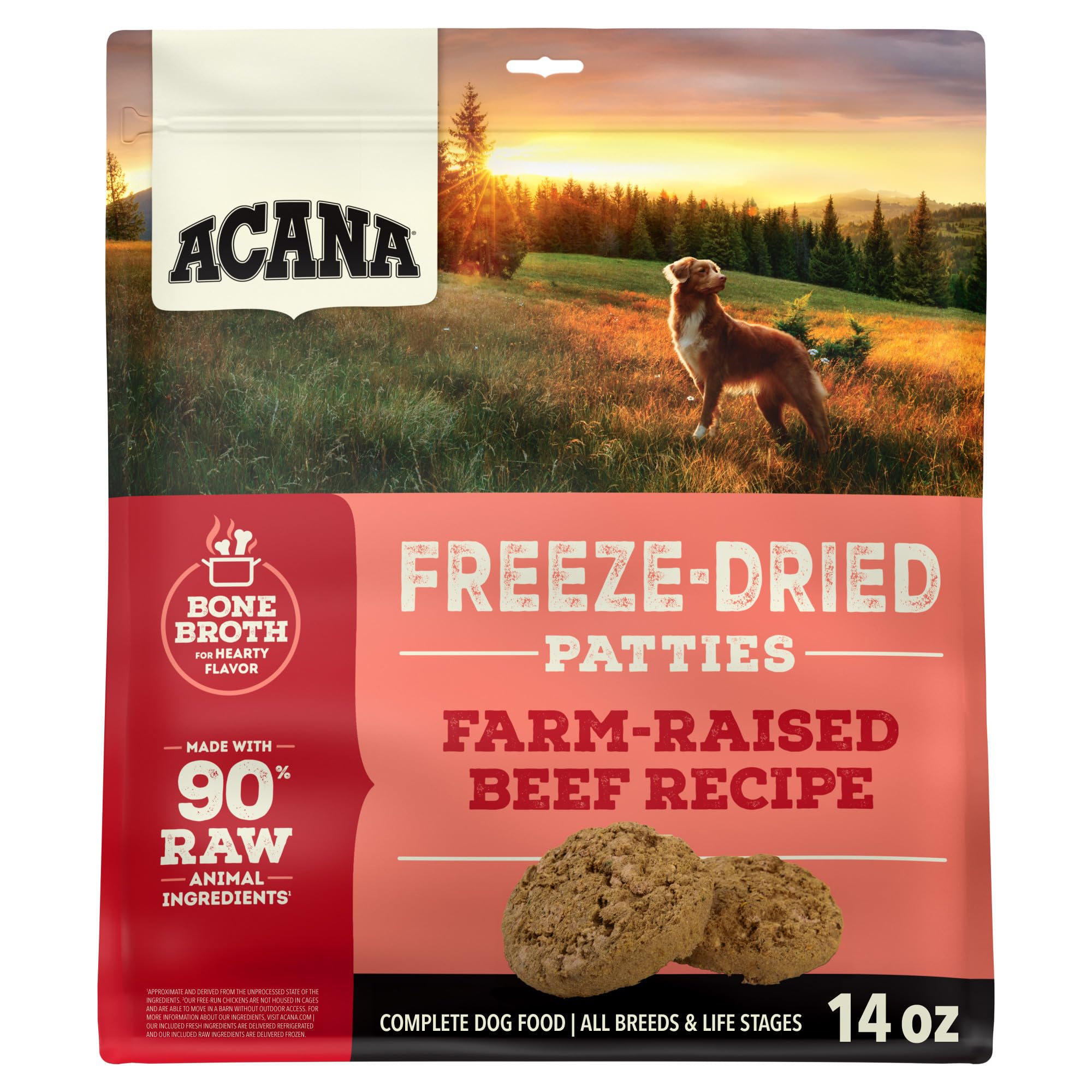 ACANA Grain-Free High Protein Freeze Dried Dog Food & Topper Ranch-Raised Beef Recipe Patties 14oz Bag