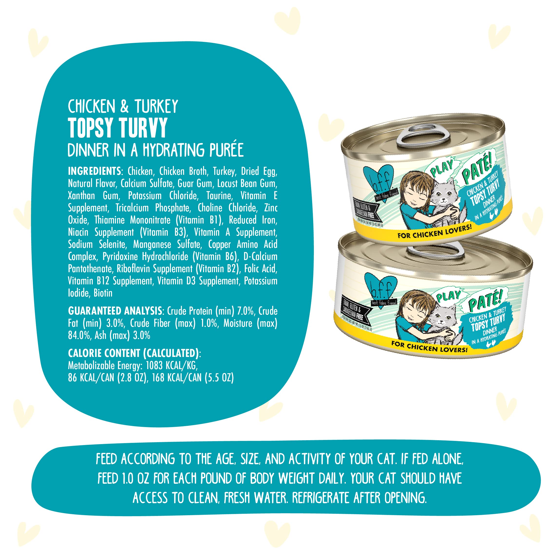 Weruva B.F.F. Play - Best Feline Friend Pat   Lovers, Aw Yeah!, Chicken & Turkey Topsy Turvy with Chicken & Turkey, 5.5oz Can (P