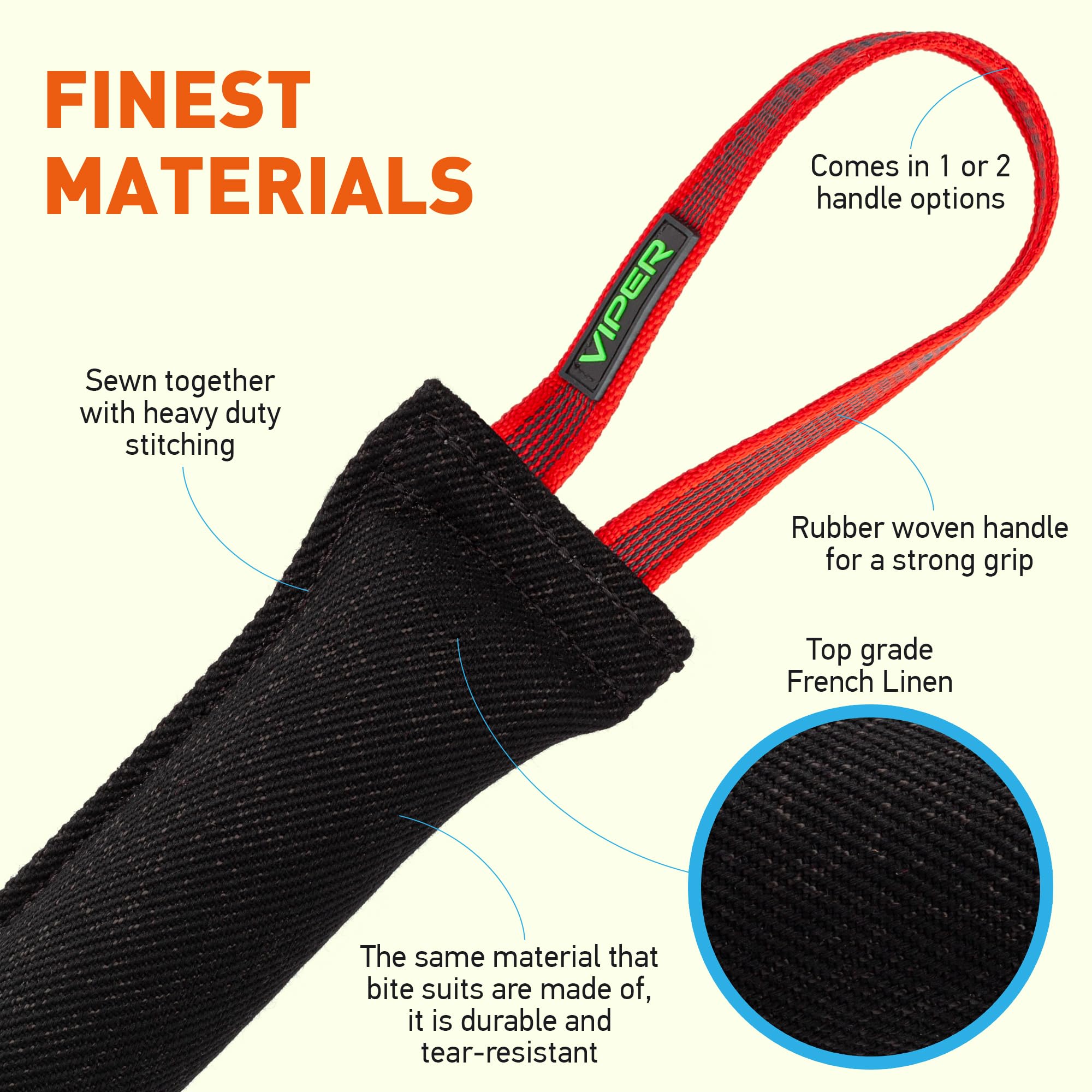 Viper Heavy Duty French Linen Dog Bite Tug Toy - K9 Trainer, Tough And Durable For Dogs Shutzhund Ipo K-9 - Black - 16In L X 2.5