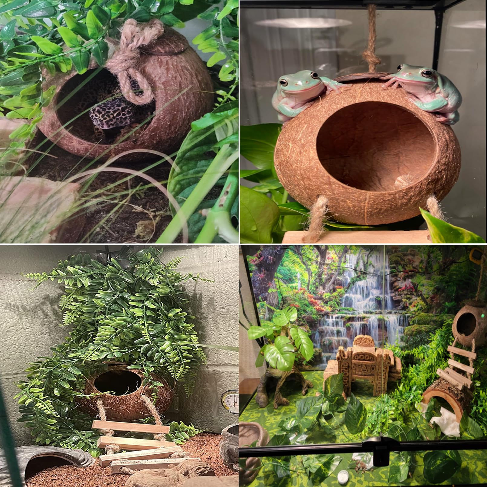 kathson Leopard Gecko Coconut Husk Hut Reptile Habitat Accessories Hideout Hole Climbing Ladder Bendable Hanging Plants Sleeping