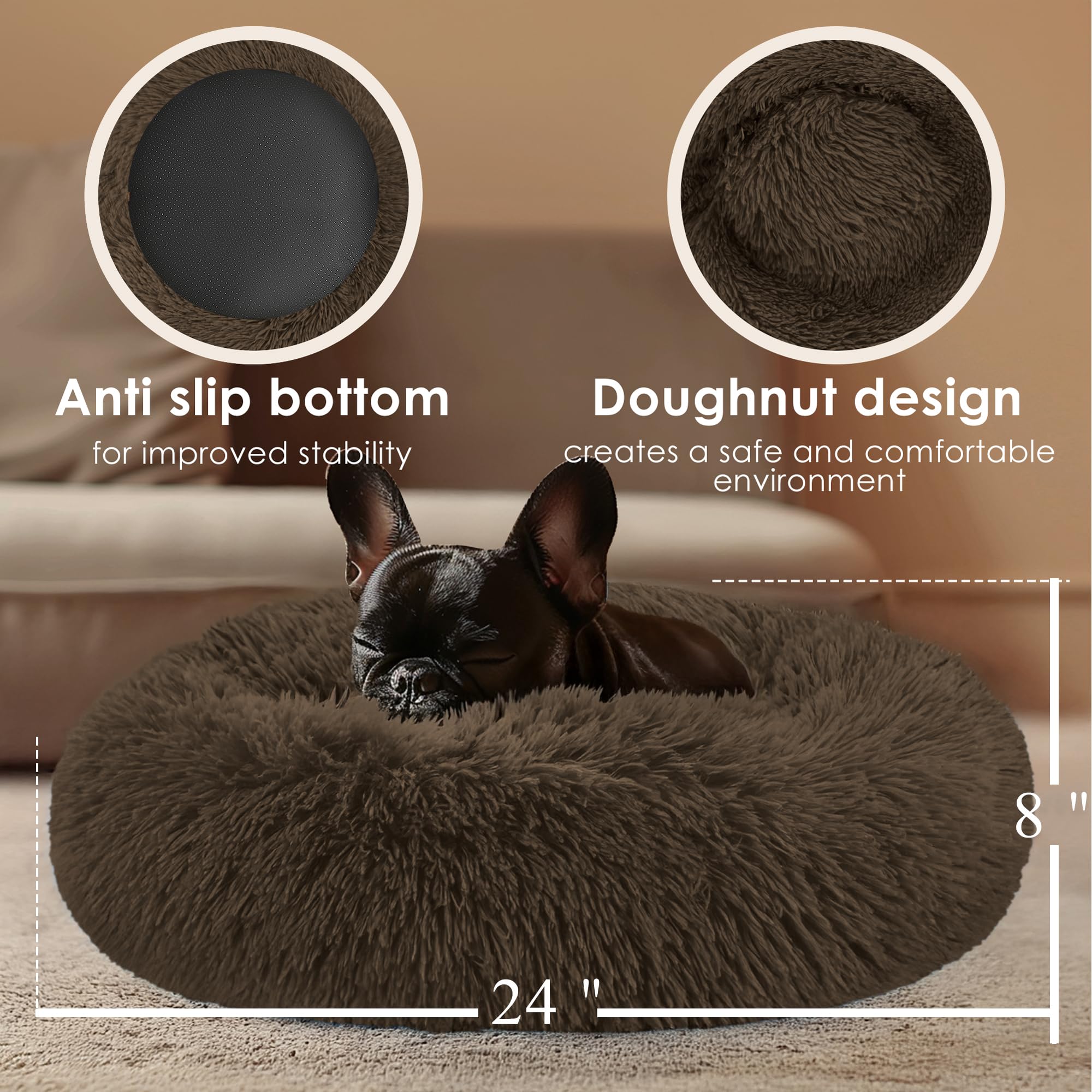 Dogs Bed for Small Dogs, Anti-Anxiety Washable Round Bed (Coffee, 24.0 L x 24.0 W x 8.0 Th)