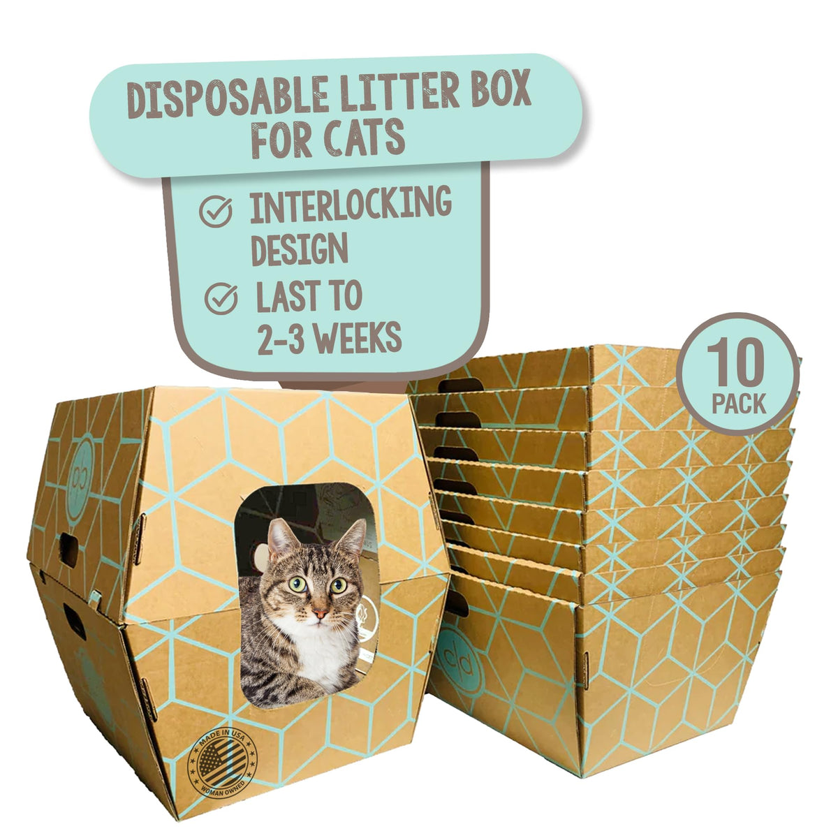 Cats Desire Disposable Litter Box No Plastic Solution (10 Tray) W/ Low Entry & Enclosed Box - Teal On Natural Brown, Made In Usa Woman Owned, 19'L X 17'W X 8.5'H Tray - 19'L X 17'W X 17'H Enclosed Box