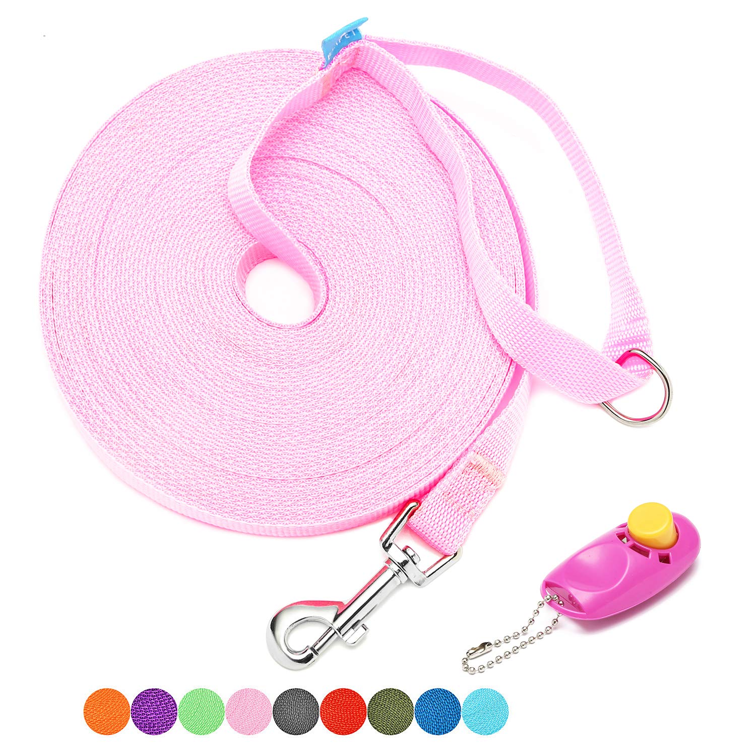 Baapet 15 Ft 20 Ft 30 Ft 50 Ft 100 Ft Long Dog Training Leash For Dog Training, Play, Camping, Or Backyard Lead With Training Clickers For Small, Medium And Large Dogs Or Cats (20 Feet, Pink)